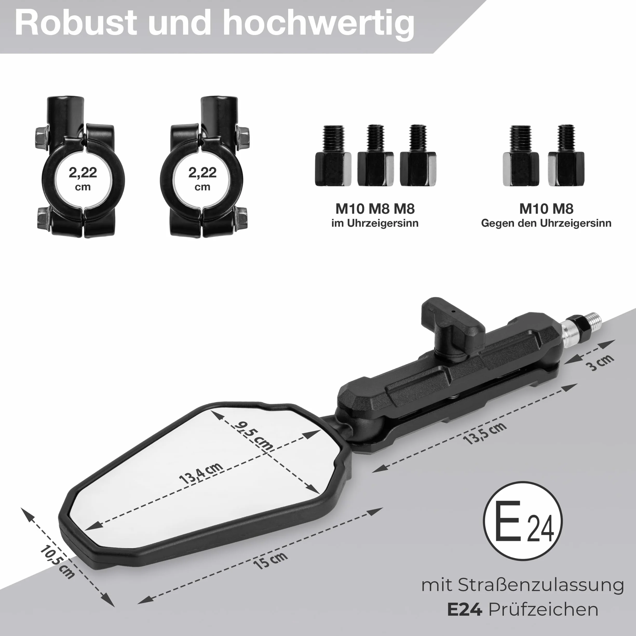 Lusterko motocyklowe 360° E24 regulowane enduro 22 mm M8/M10