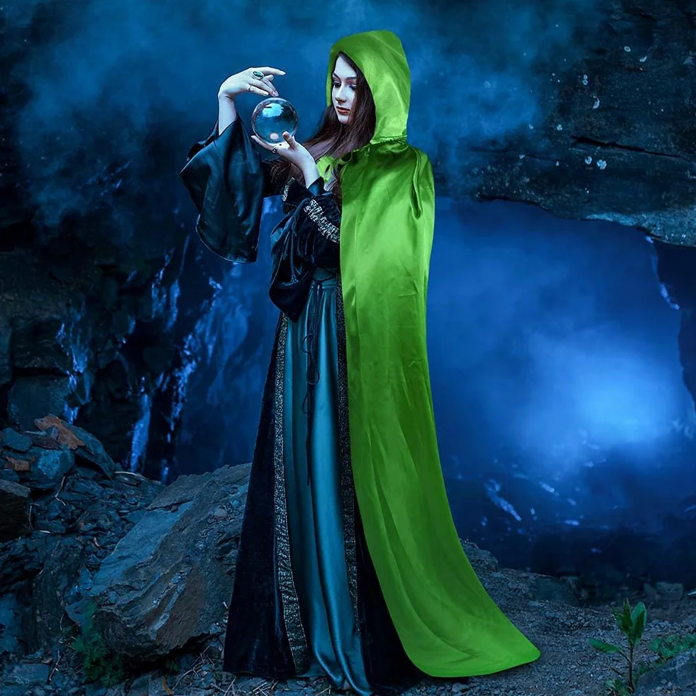 Aomig Czarna peleryna z kapturem na Halloween dla dorosłych, długa peleryna z kapturem, czarownica, akcesoria do cosplay, tajemniczy czarodziej, bajkowy, fantazyjny kostium, Halloween, maskarada