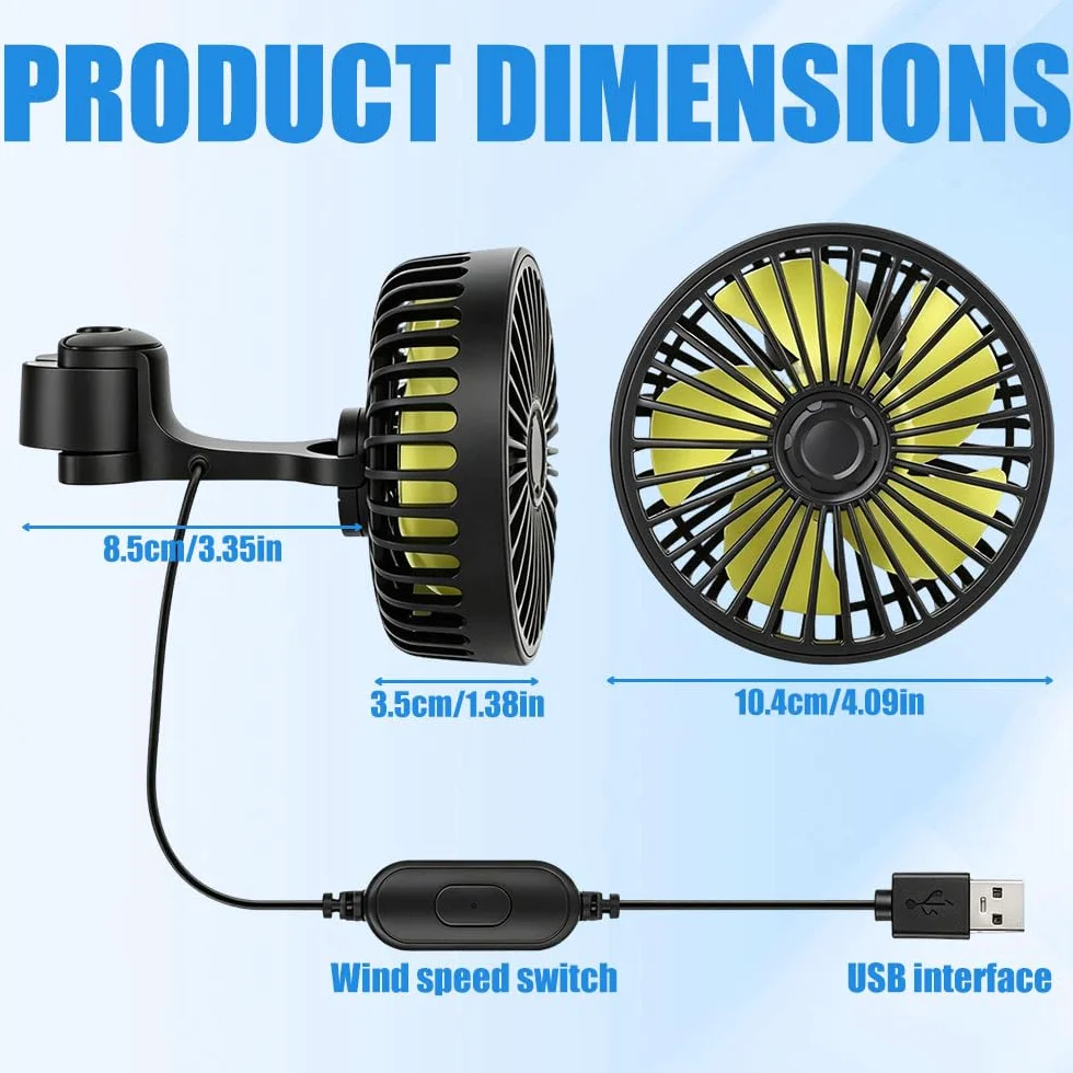 Foreverup Wentylator samochodowy USB, wentylator na tylne siedzenie z 3 regulowanymi prędkościami, wentylator samochodowy 12 V pasuje do sedanów, SUV, ciężarówek i kamperów, czarny