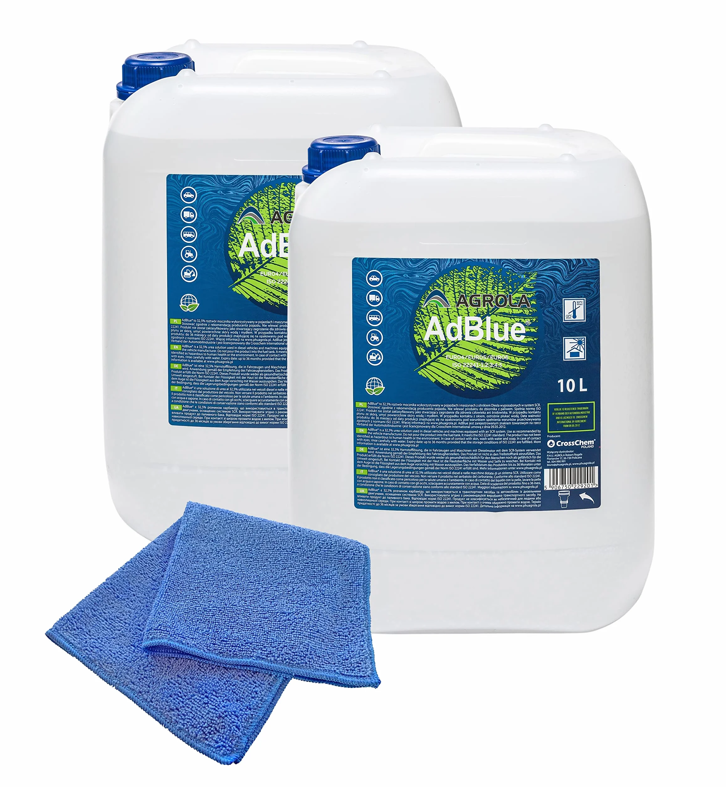 20 l 2 x AGROLA AdBlue® wraz z wężem do napełniania 10 l + ściereczka z mikrofibry niebieska – do samochodów diesla takich jak BMW, VW i Audi
