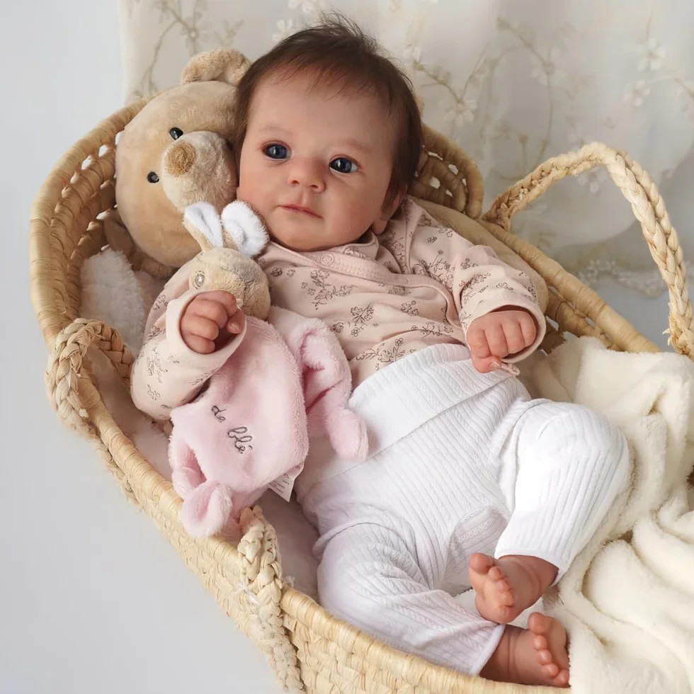 Lalki Reborn Female Realistyczne 50 cm, Oryginalne Lalki Miękkie Winylowe Ciało, Brązowe Włosy, Niebieskie Oczy, Zmywalne, Styl Niemowląt