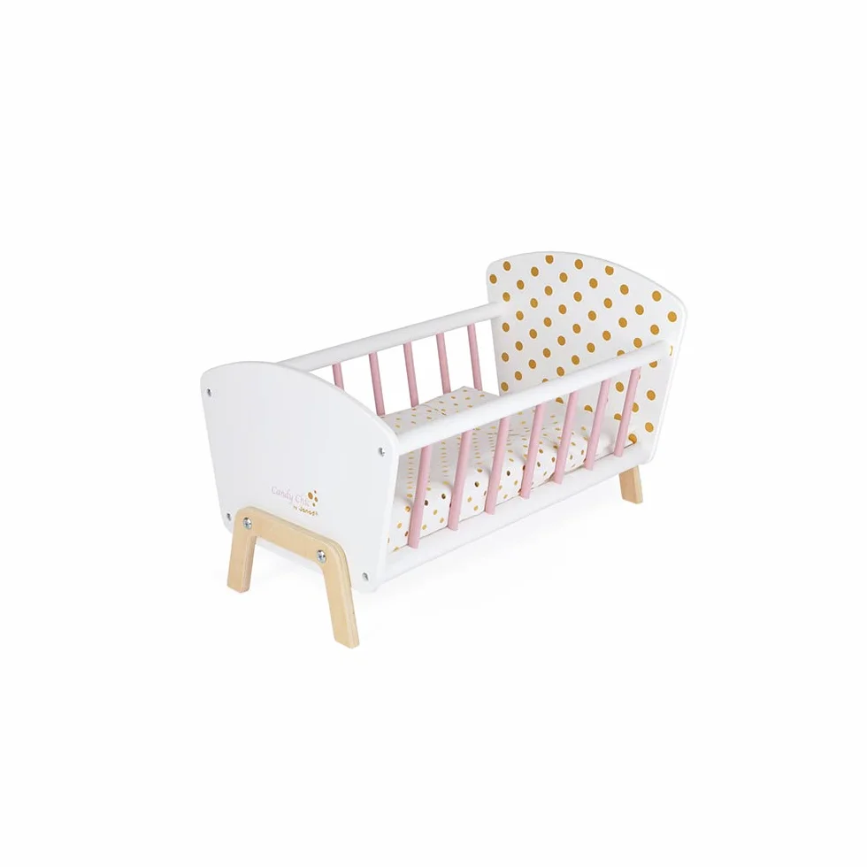 Janod - Candy Chic Bed - Wooden Baby Doll’S Bed with Mattress + Blanket + Pillow - Soft Shiny Colours - Accessories for Babies - from 3 Years Old, J05889