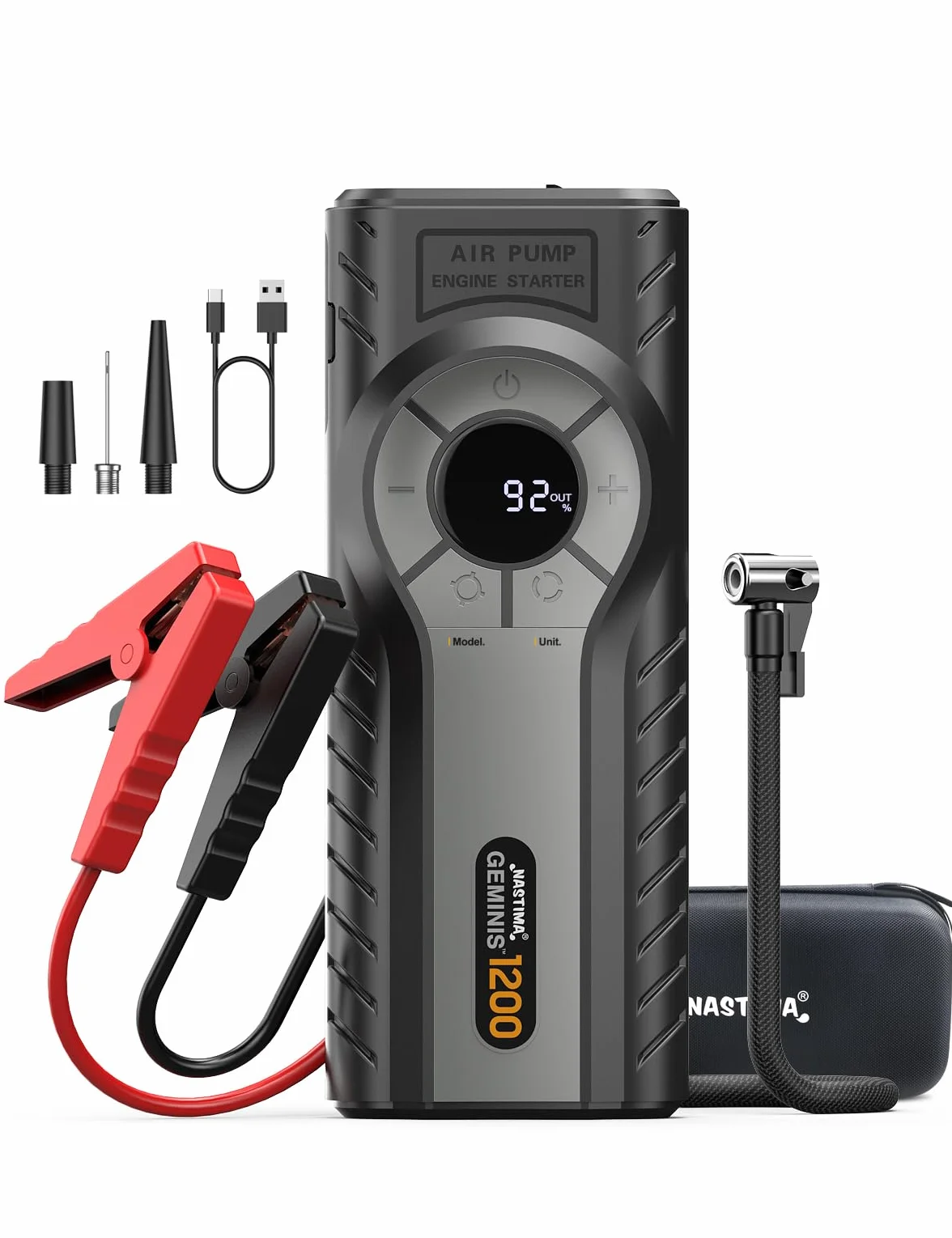 NASTIMA Rozrusznik samochodowy Powerbank ze sprężarką powietrza 4w1 QC18W do silnika benzynowego 8L 6L latarka LED