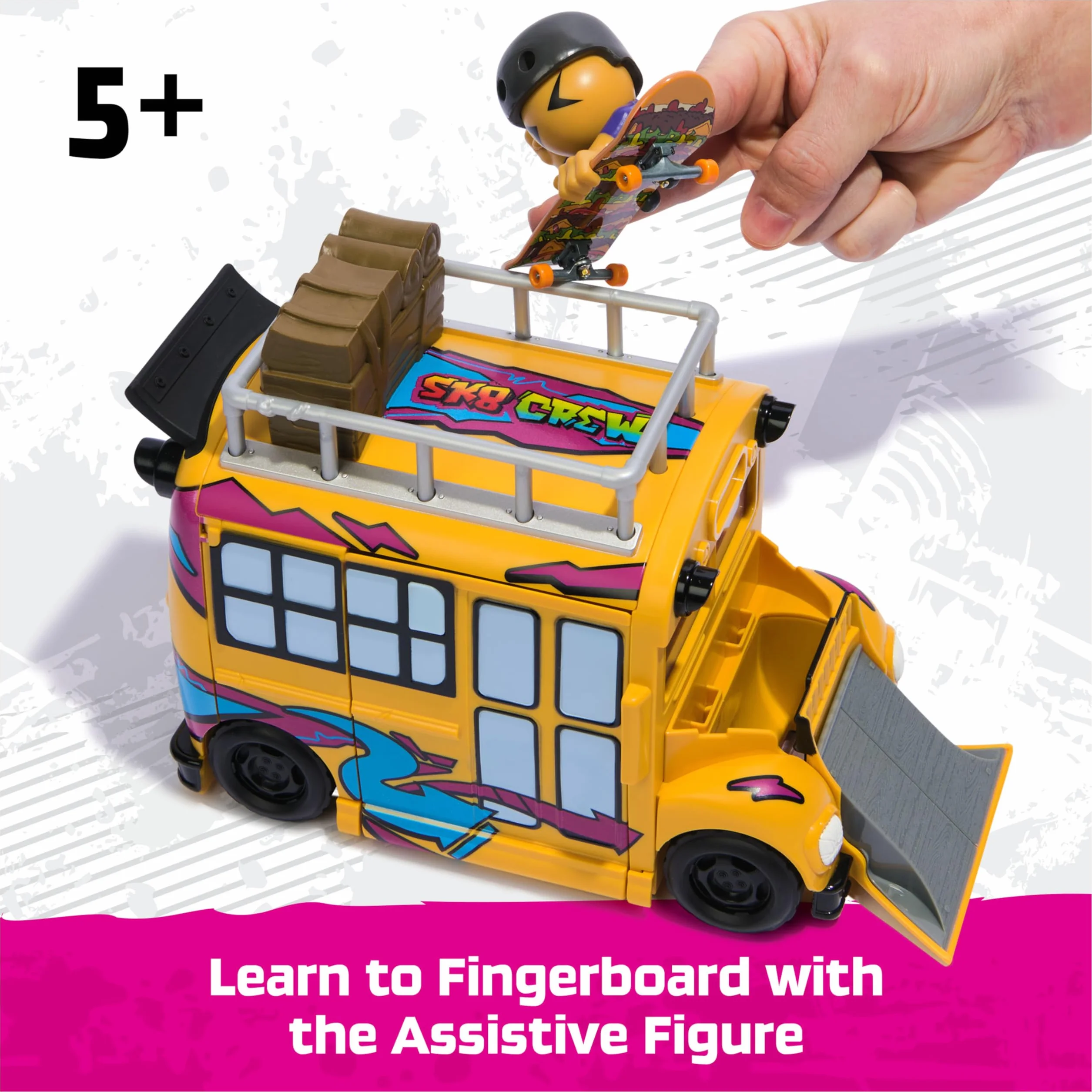 Tech Deck Sk8 Crew 2-w-1 Transformujący autobus Ultra Sk8 i schowek z podstrunnicą i figurką, kolekcjonerskie mini deskorolki, zabawki dla dzieci w wieku od 5 lat