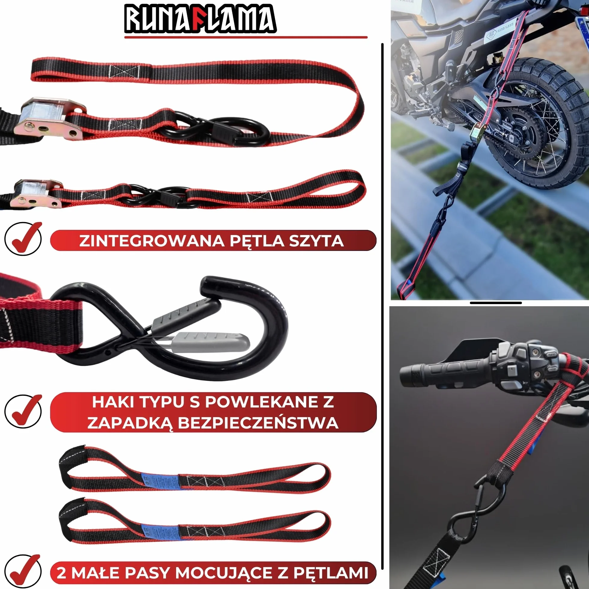 Pasy Transportowe do Motocykla 550 kg, Mocujące z Klamrą i Hakami S, 2 Pasy 1,9 m + 2 Pętle Soft Loop