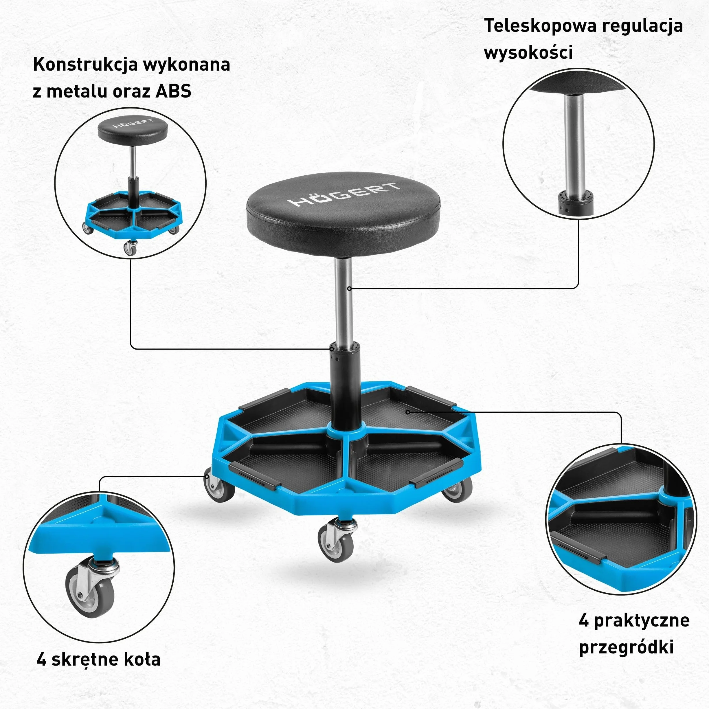 Högert Technik Regulowany taboret warsztatowy teleskopowe siedzisko 140 kg na kółkach