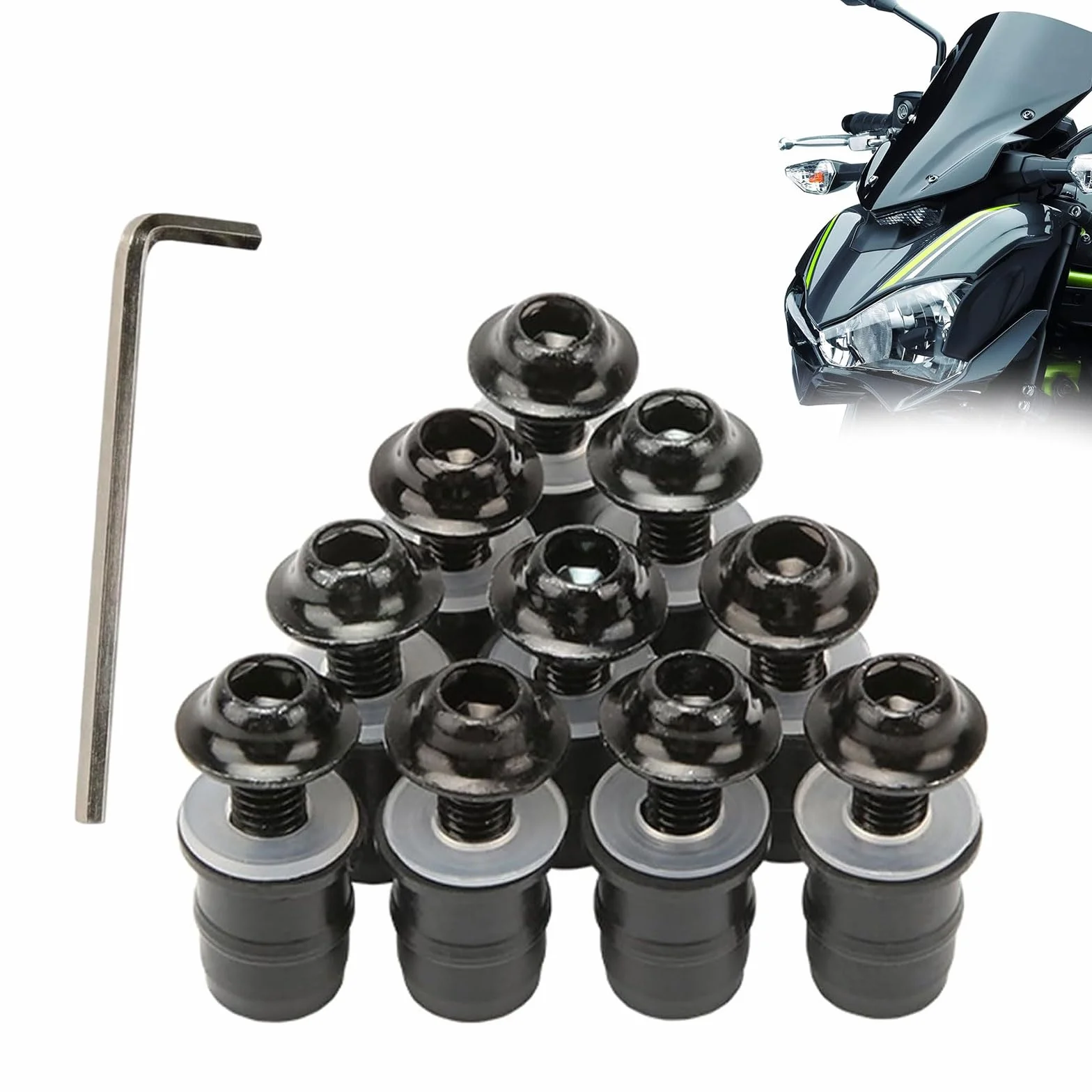 Comioke Śruby mocujące do szyby motocyklowej, M5 x 16 mm, śruby do szyby przedniej, 10 sztuk śrub i śrub do przedniej szyby, wkrętaka, osłony przed wiatrem
