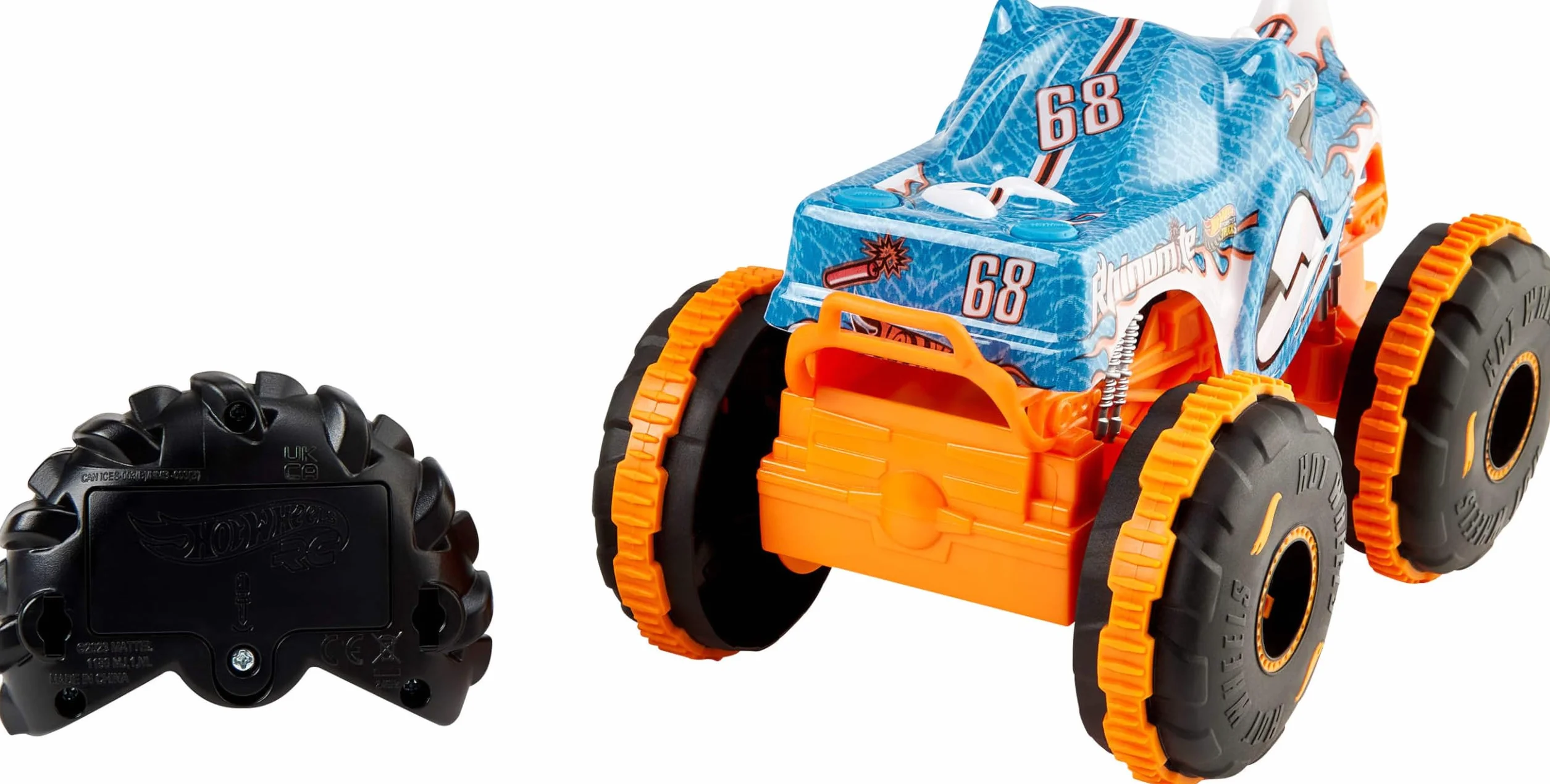 Hot Wheels Monster Trucks RC Rhinomite Pojazd zdalnie sterowany w skali 1:24, terenowy samochód RC do jazdy po różnych powierzchniach dzięki oponom Grip Action, JBK11