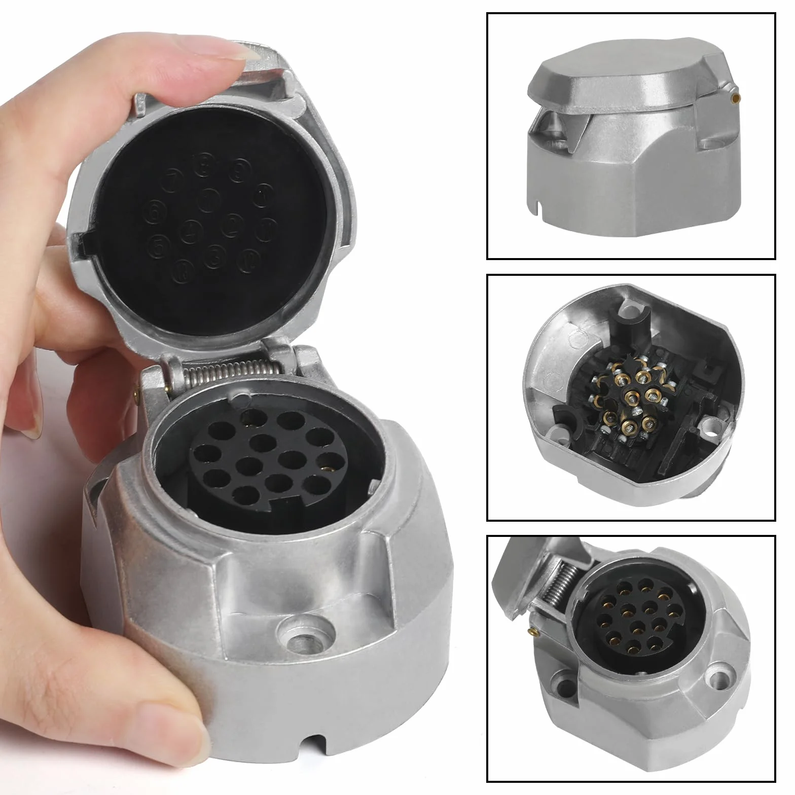 13-biegunowy adapter gniazda do przyczepy, 13 pinów ze stopu aluminium, nadaje się do haków holowniczych, łodzi, przyczep kempingowych, 13-biegunowa wtyczka do przyczepy, srebro, 3007
