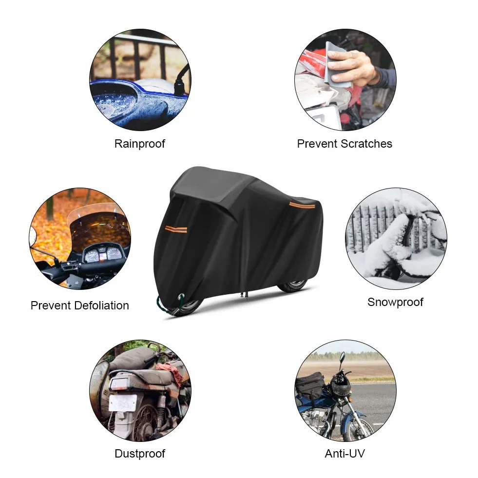 URAQT Pokrowiec na motocykl, wodoodporny pokrowiec na motocykl, wytrzymałe pokrowce na motocykl 210T, z 2 paskami odblaskowymi, wodoodporny, odporny na wiatr, pyłoszczelny, anty-UV, 230x95x125cm (XL)