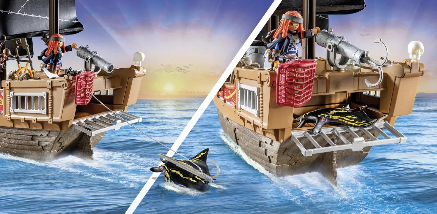 PLAYMOBIL Pirates 71530 Duży statek piracki, bitwa morska i tajne poszukiwanie skarbów w głębinach morzach, w zestawie armaty, pociski i kotwica, odpowiednie dla dzieci od 4 roku życia
