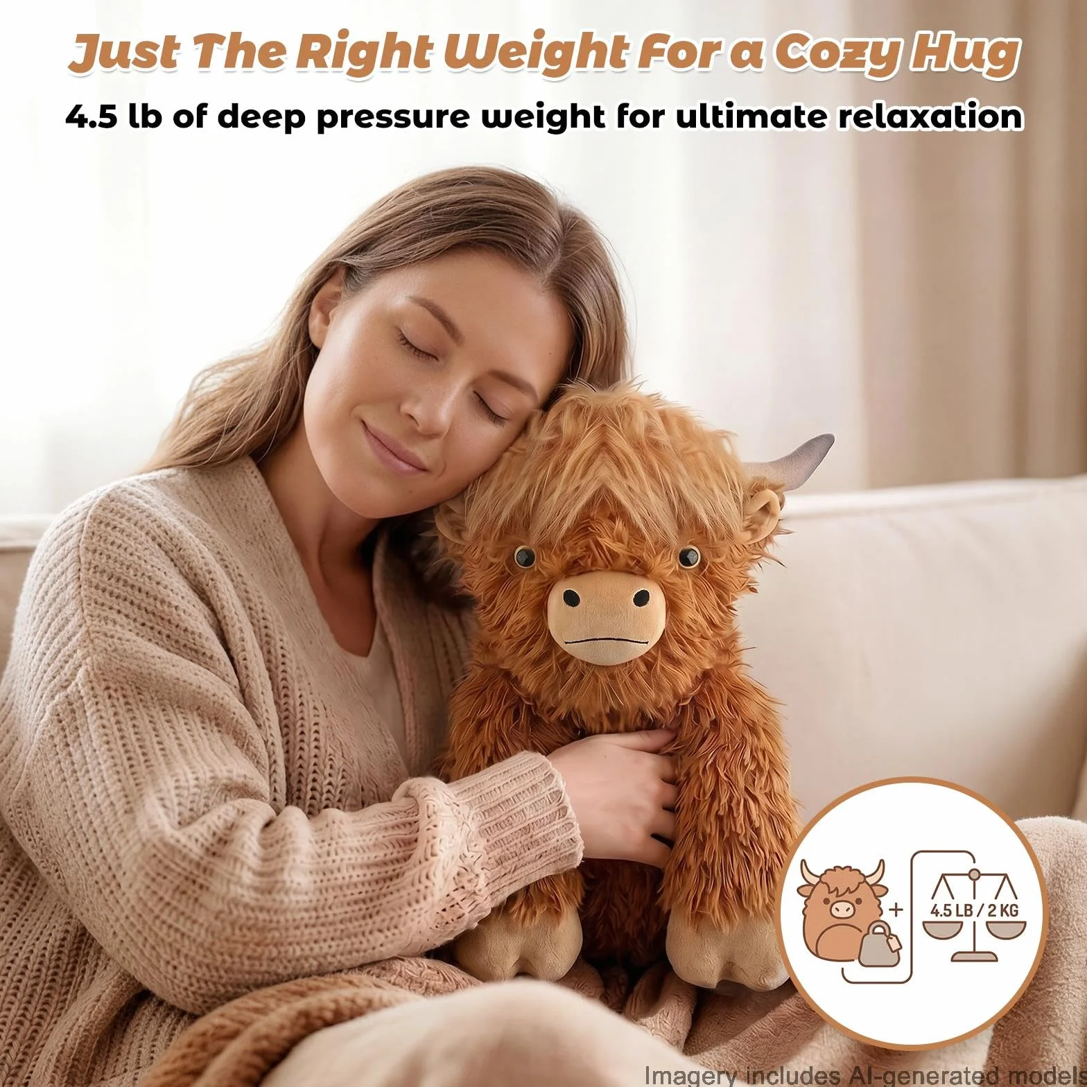 61 cm i 2 kg Highland Cow Ważone Pluszowe Zwierzę, Regulowane Poduszki Zabawek Pluszowych do Siedzenia i Leżenia z Wyjmowaną Torbą Ceramsite dla Towarzystwa, Przytulne i Miękkie Prezenty dla Dorosłych