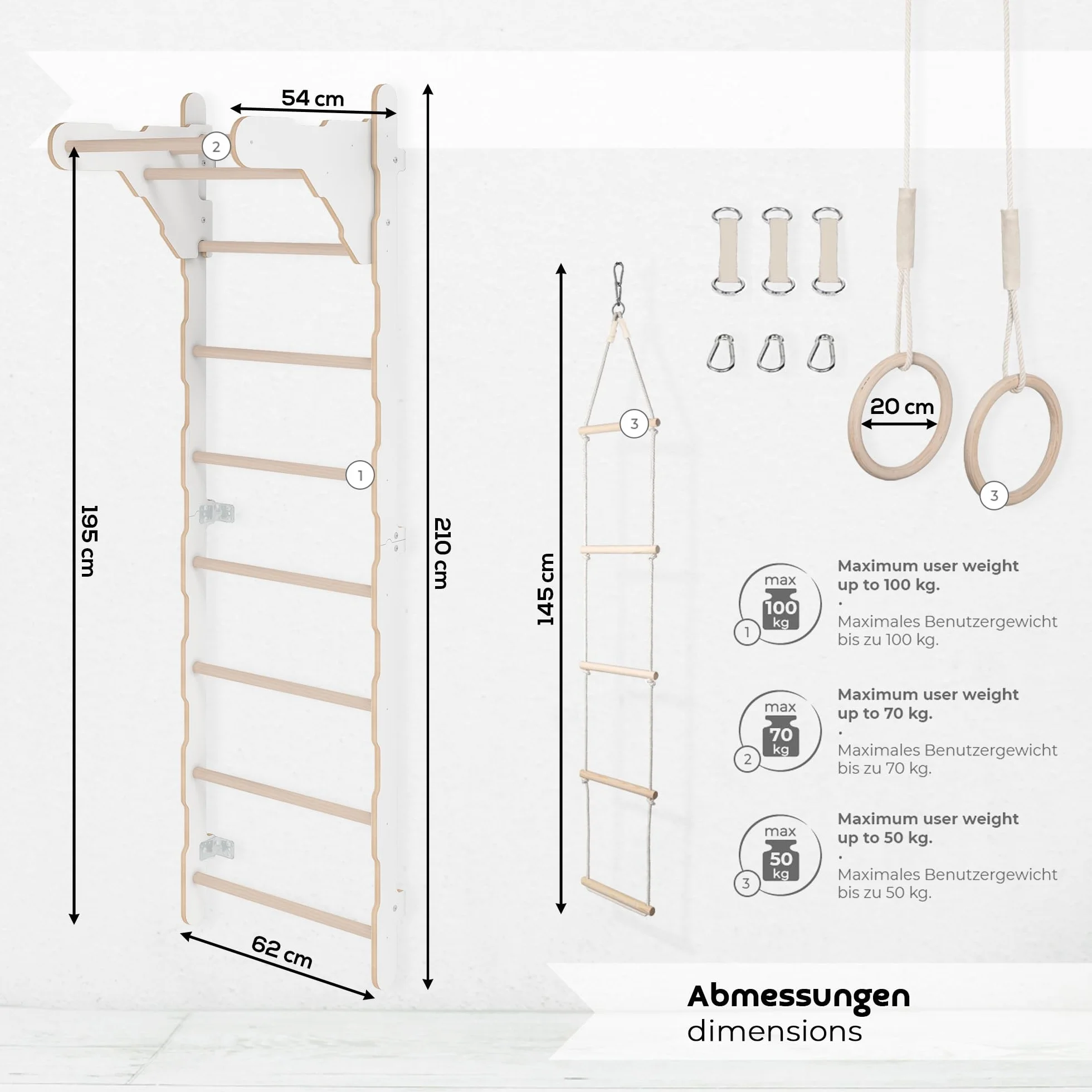 MAMOI® Drabina gimnastyczna dla dorosłych (210 cm) | drabina ścienna z drewna | drabina do wspinaczki | pierścienie gimnastyczne | mata ochronna | lina wspinaczkowa | 100% ekologiczna | wyprodukowano