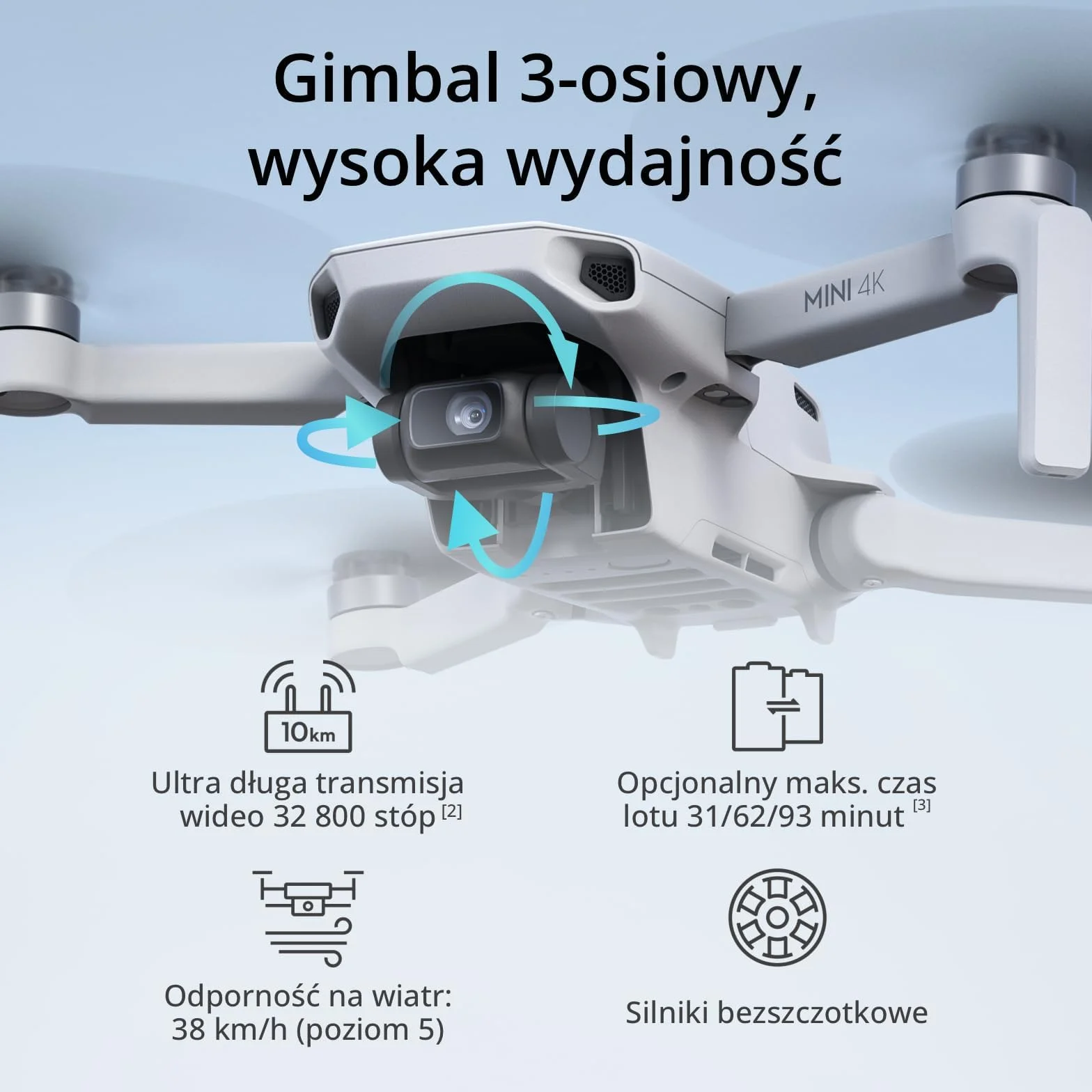 DJI Mini 4K, dron z kamerą 4K UHD dla dorosłych, mniej niż 249 g, 3-os. gimbal, transmisja wideo 10 km, autom. powrót, odporność na wiatr, 1 akumulator dla maks. czasu lotu 31 min., inteligentny lot