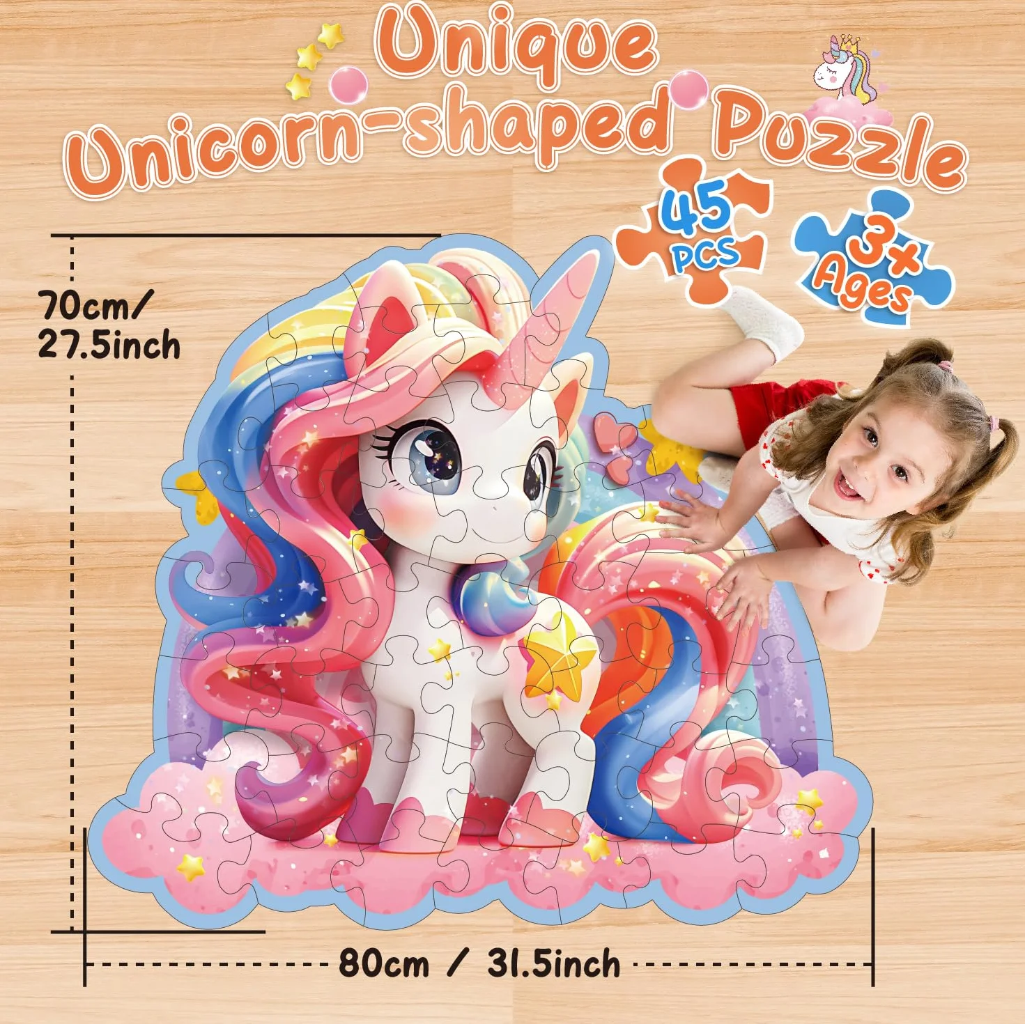 Kiztoys Puzzle podłogowe Jednorożec dla dziewczyn - 45 sztuk uroczych różowych puzzli jednorożca, prezenty z jednorożcem dla dzieci w wieku 3-8 lat