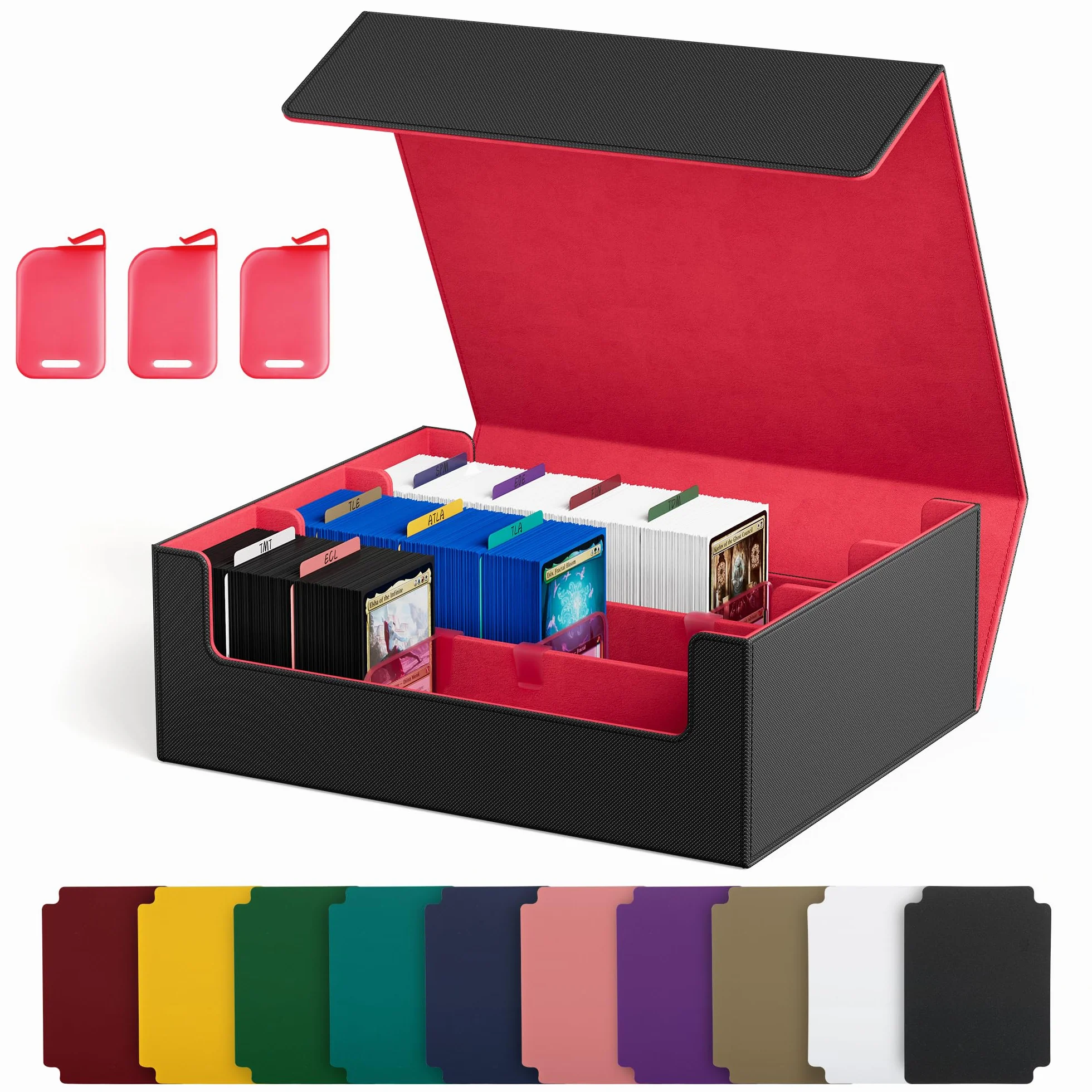 UAONO Pudełka do przechowywania kart kolekcjonerskich na 1800+ kart, Premium Magnetic Deck Box, skórzane etui z przegrodami, karty do gry TCG MTG YuGiOh (czarne i czerwone)