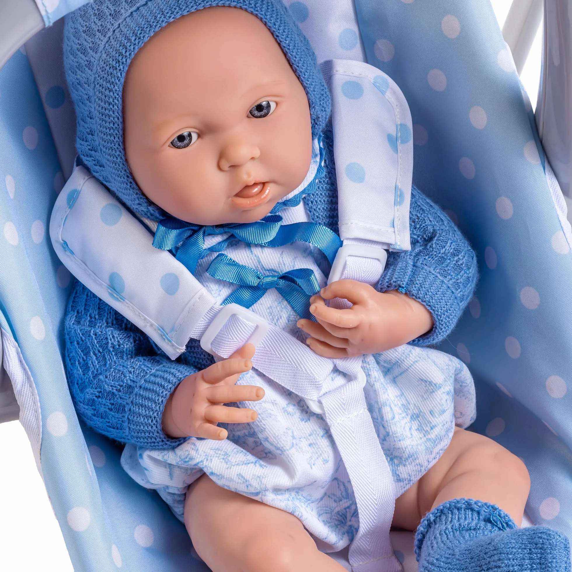 JC Toys - 2 w 1 Hamak i krzesło wielopozycyjne zdejmowane dla lalek do 45 cm, niebiesko-białe z kropkami, przenośny, lekki, zaprojektowany przez Berenguer Boutique, 3 lata
