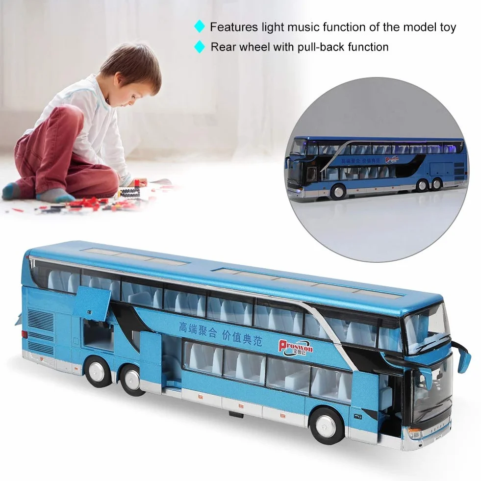 Lipcowe letnie prezenty Wandisy zabawka autobusowa podwójna platforma 1:50 Alloy model autobusowy, zabawka z muzyką rozrywkową dla dzieci (niebieski)