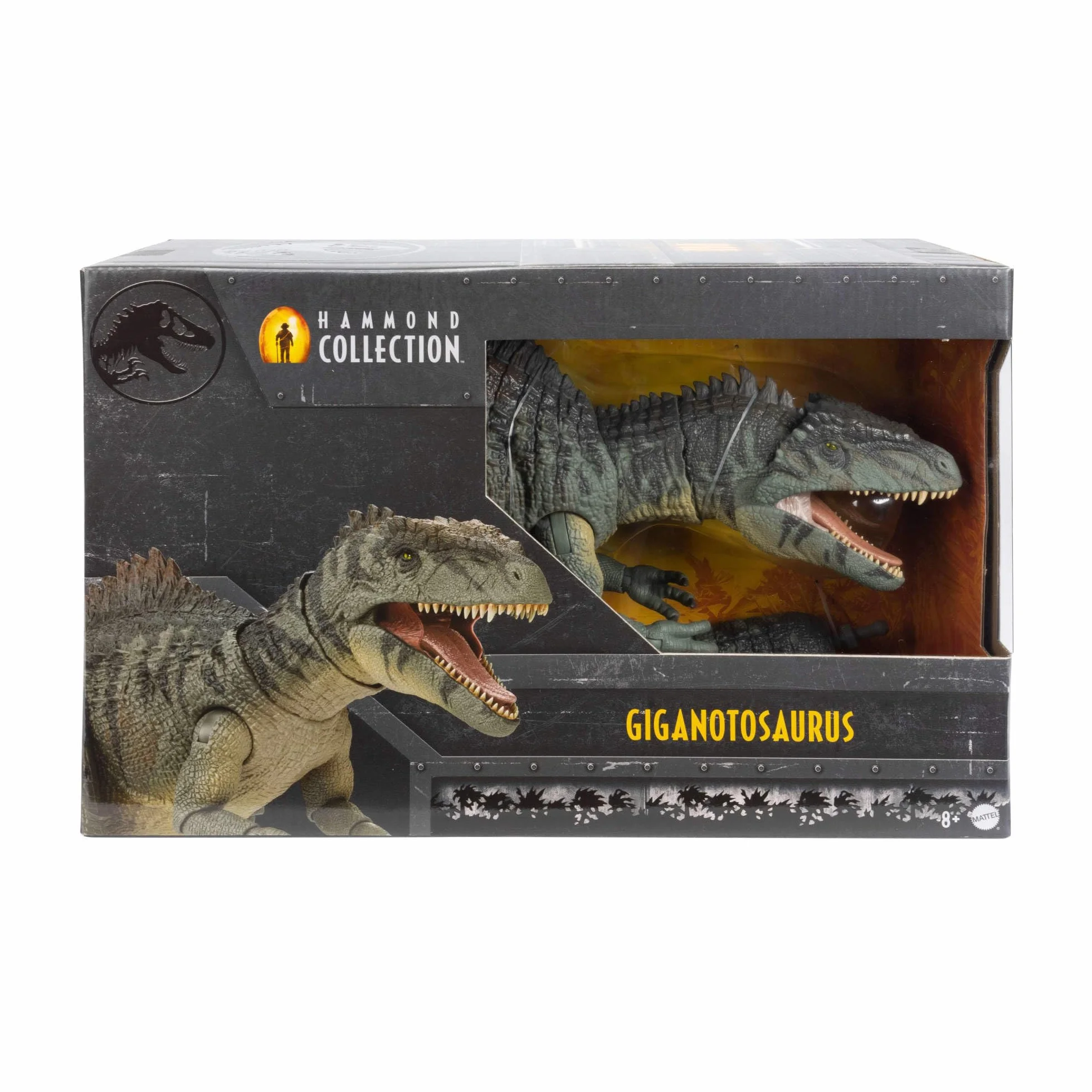 Mattel Jurassic World Giganotosaurus Figurka dinozaura z kolekcji Hammonda, 21 przegubów, szklane oczy, przegubowy ogon i język, HXF57