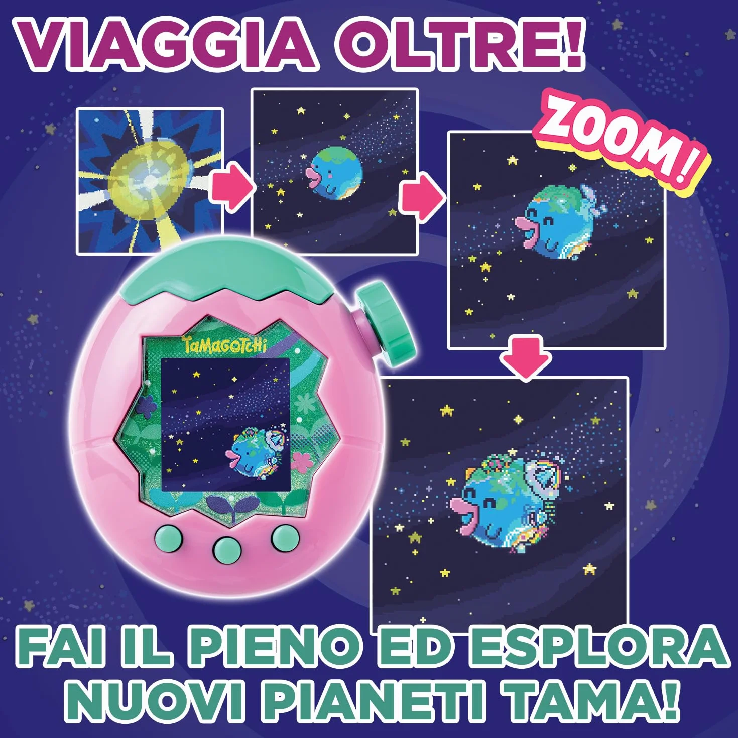 TAMAGOTCHI Bandai Paradise Terre - Wirtualne zwierzę do hodowli z kółkiem zoomu - interaktywna zabawka w języku francuskim - Różowo-zielony model Ziemi - Zabawka dla dzieci w wieku 6 lat i powyżej