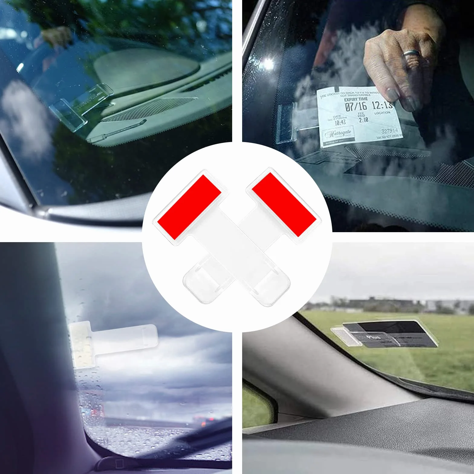4 sztuki klipsów na bilety parkingowe, przezroczyste uchwyty na przednią szybę samochodu, samoprzylepne klipsy do biletów, do samochodów osobowych i kempingowych, samochodów dostawczych