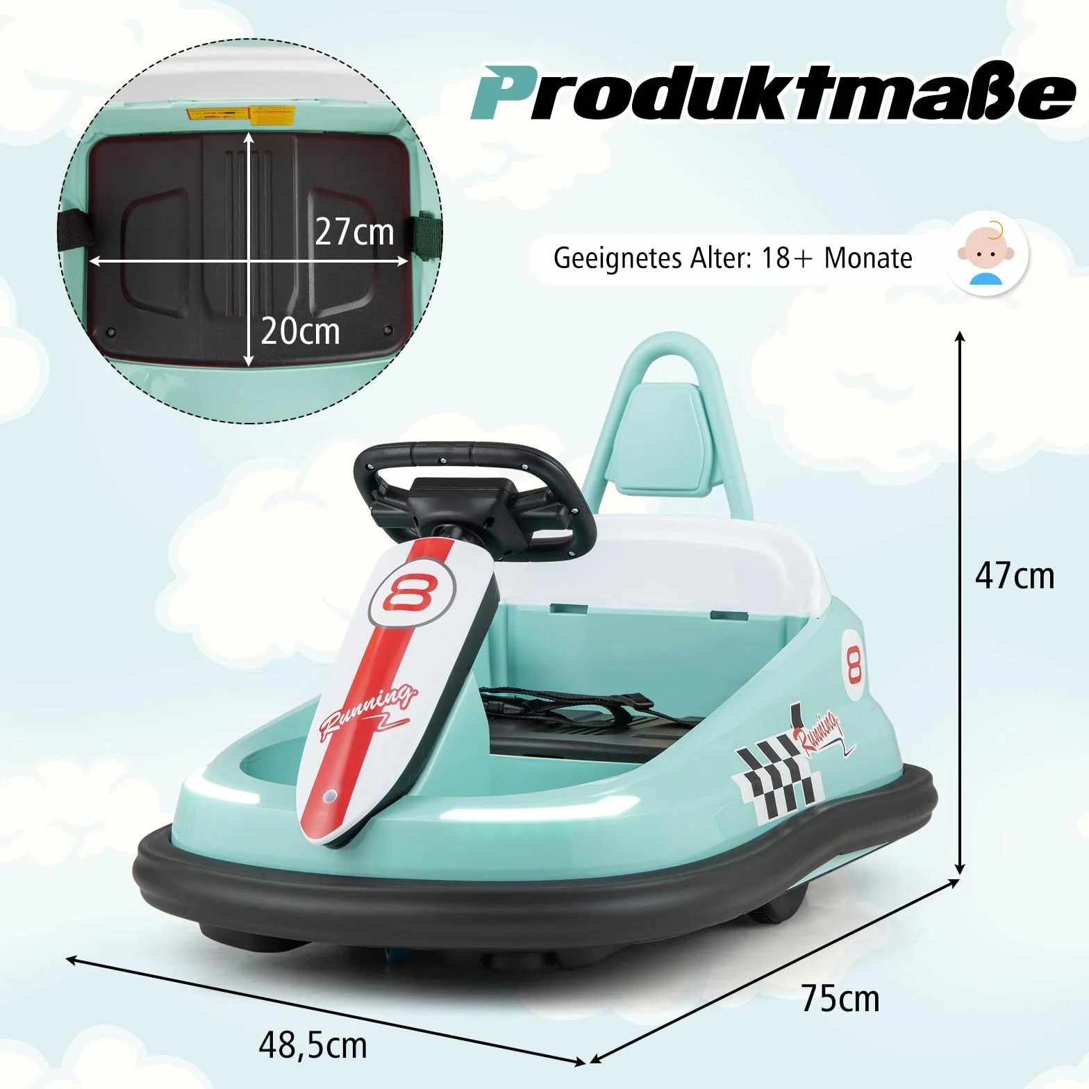 COSTWAY 6 V hulajnoga samochodowa dla dzieci, bumper car z muzyką i światłami, obrót o 360 stopni, samochód elektryczny dla dzieci od 18 miesięcy, 1,5-3 km/h (zielona)