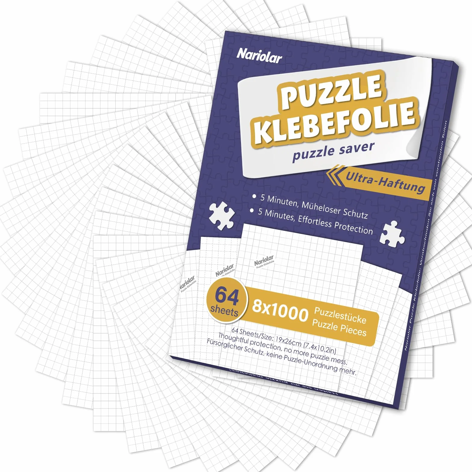 Nariolar Ultra-przyczepna folia samoprzylepna, 64 super klej do puzzli, do otrzymania 8 x 1000 elementów i do ochrony puzzli w ciągu zaledwie kilku minut