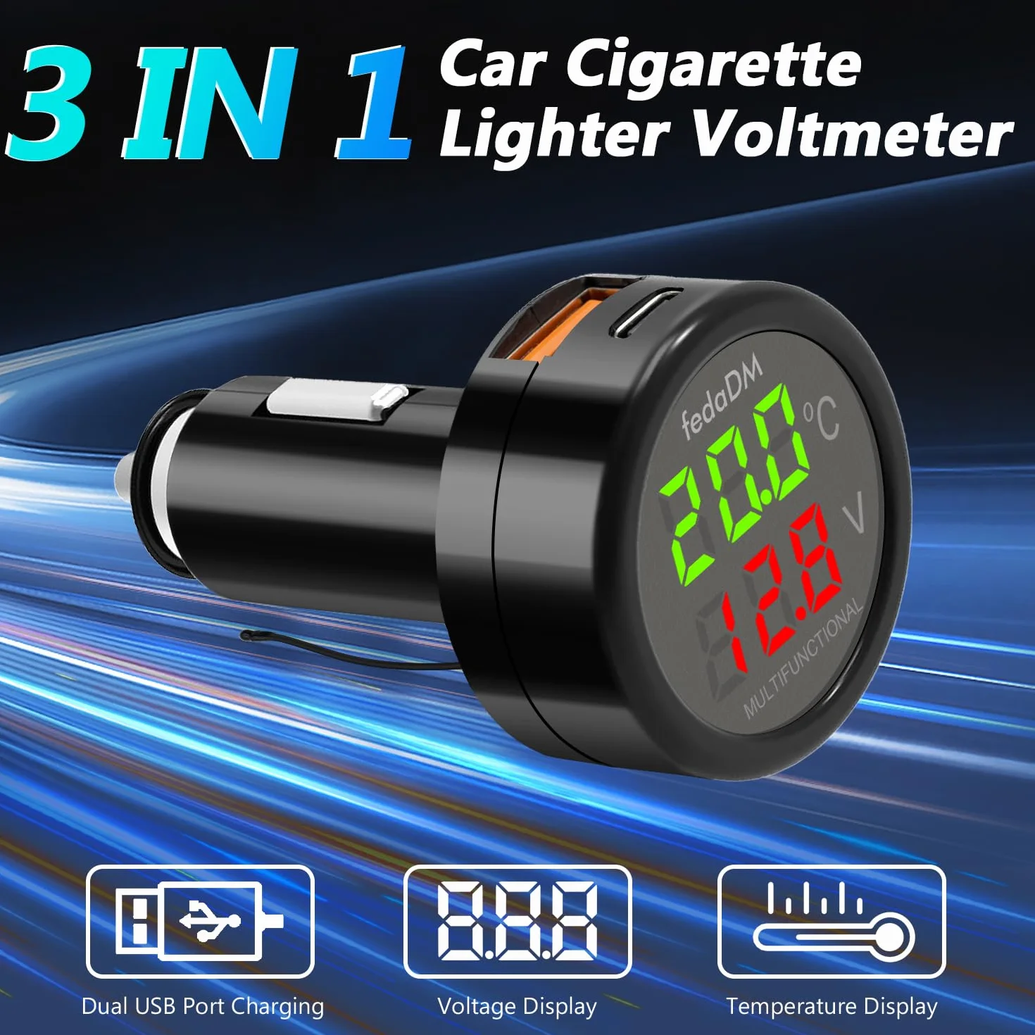 Zapalniczka samochodowa USB QC3.0 PD3.0 woltomierz termometr LCD 12V-24V