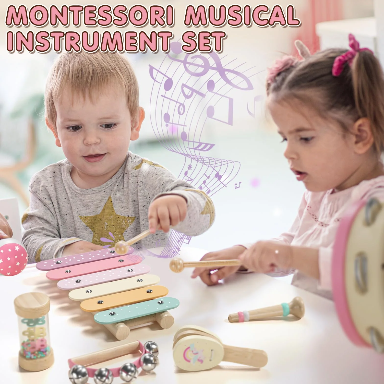 Lehoo Castle Drewniane instrumenty muzyczne dla dzieci, zabawki muzyczne Montessori dla dzieci w wieku 1-3 lat, marakasy ksylofon tamburyn, zestaw instrumentów perkusyjnych, 18 m +