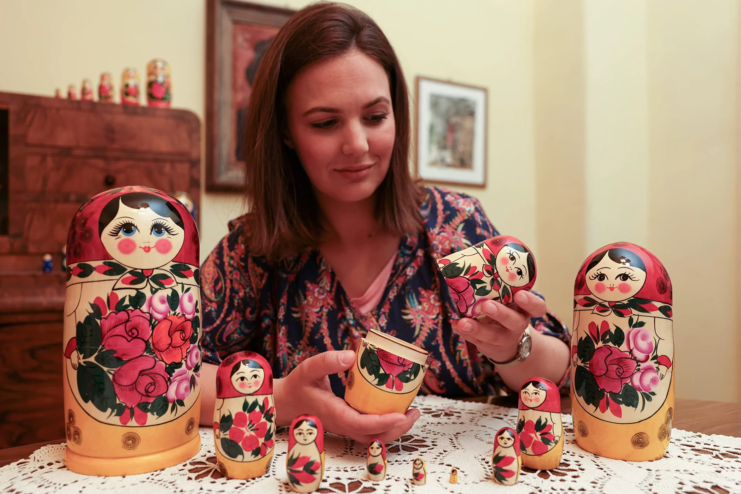 Heka Naturals Sieminow Lalki Gniazdujące | Zestaw Lalek Matryoshka w Całości z Naturalnego Drewna 10 (25 cm) - Tradycyjne Dekoracje do Domu Babushka, Drewniane Zabawki do Układania w Stosy