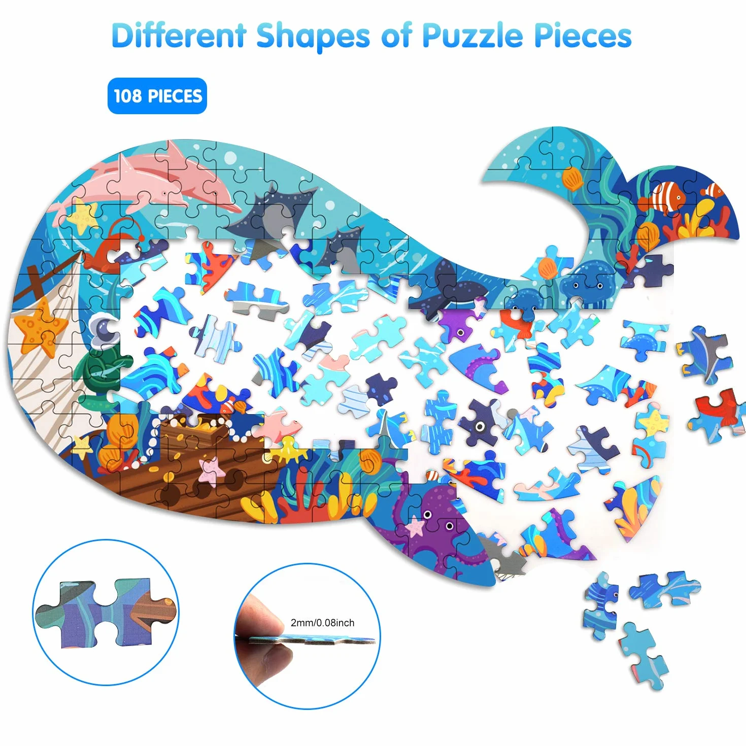 Ocean World Whale Jigsaw Puzzle dla dzieci, 108 element贸w Puzzle z du偶ymi elementami dla dzieci w wieku 4 5 6 7 8 9 10 lat