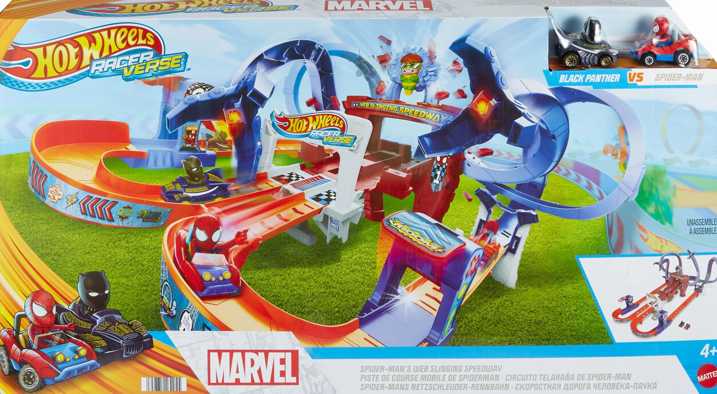 HOT WHEELS RaceVerse Spider-Mans tor wyścigowy z wirówką, 1 x Spider-Gwen i 1 x pojazd Spiderman Die-Cast, szybki start, dla dzieci od 4 lat, HPL34