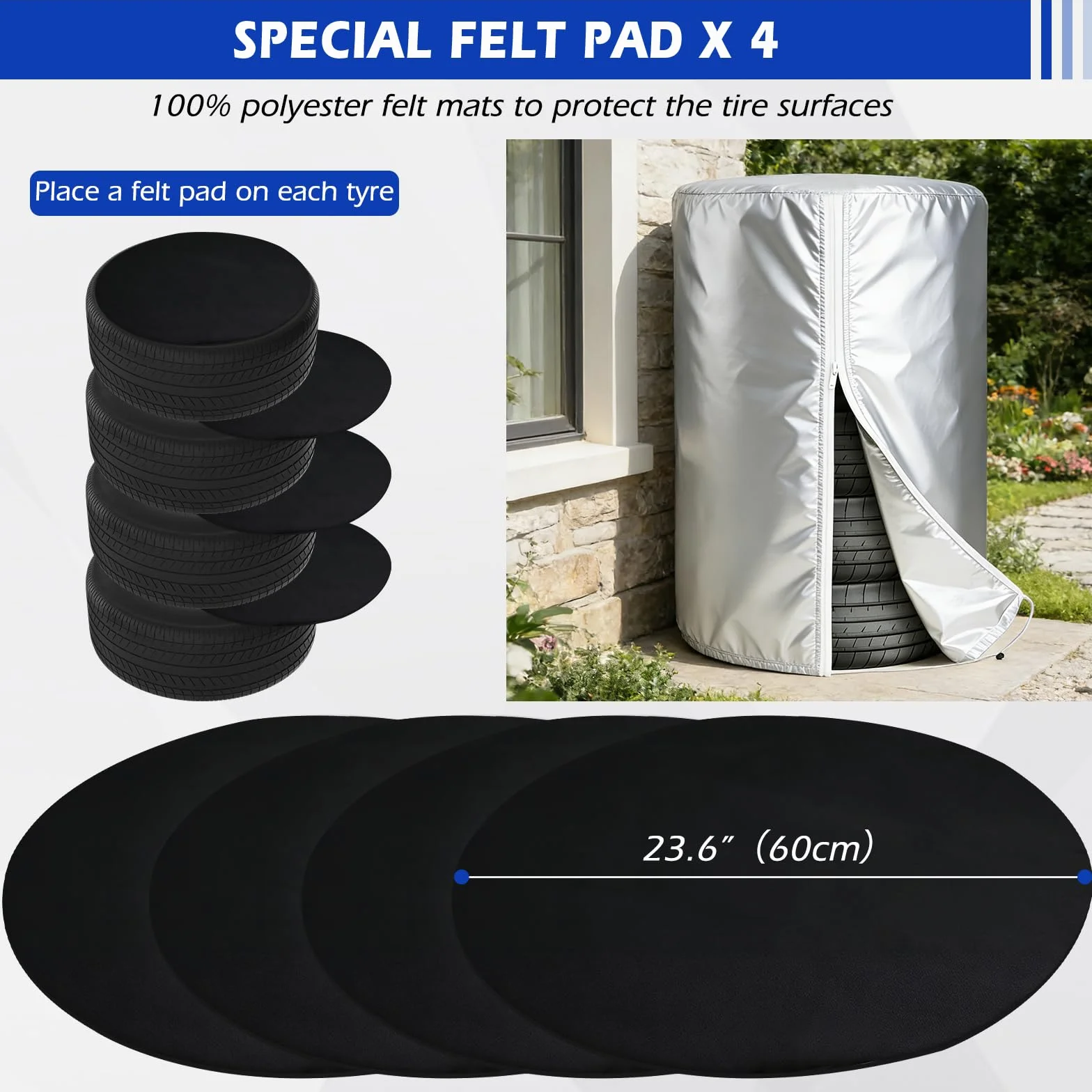 FreeTec Torba na opony samochodowe z 4 matami filcowymi, osłona opon, 17-22", pokrowiec na 4 opony, ochrona przed słońcem, zimowa osłona na opony samochodowe (80 x 117 cm)
