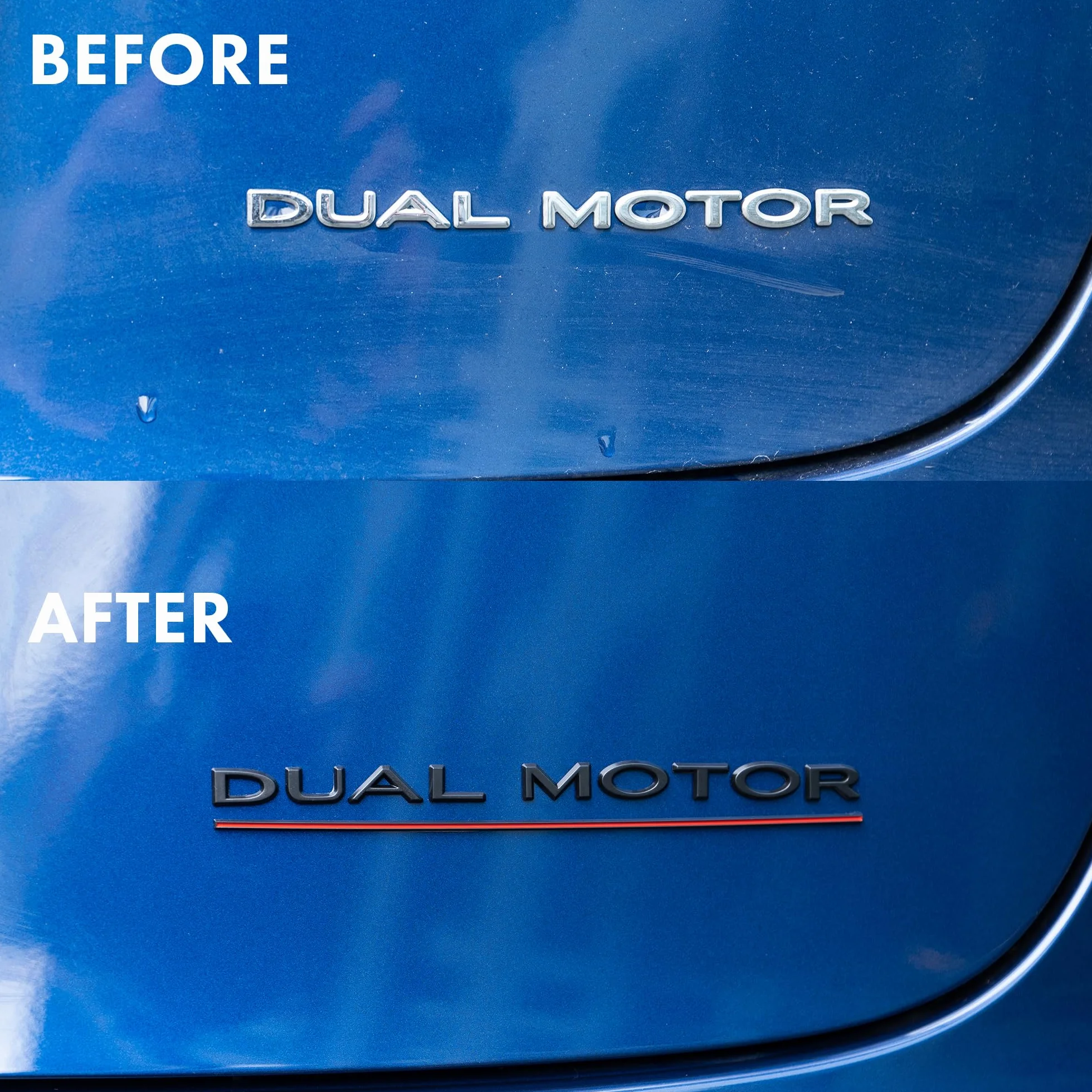 Emblemat Dual Motor czarny matowy z czerwonym podkreśleniem do Tesla Model Y/3