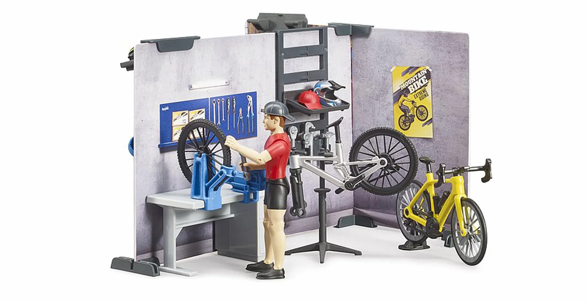 bruder 63120 - sklep rowerowy bworld z rowerami wyścigowymi, rowerami górskimi, warsztatem, sprzętem, narzędziami, ladą sprzedażową