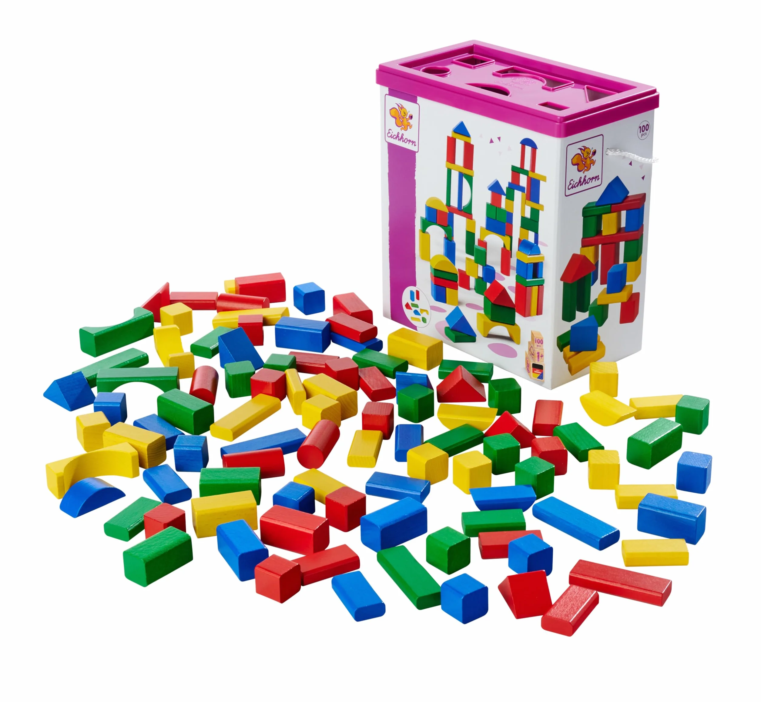Eichhorn 100010171 Kolorowe drewniane klocki 100 elementów, pojemnik ze sznurkowym uchwytem, praktyczne wiaderko z pokrywką do sortowania - sorter kształtów na wieczku, dla dzieci od 1 roku