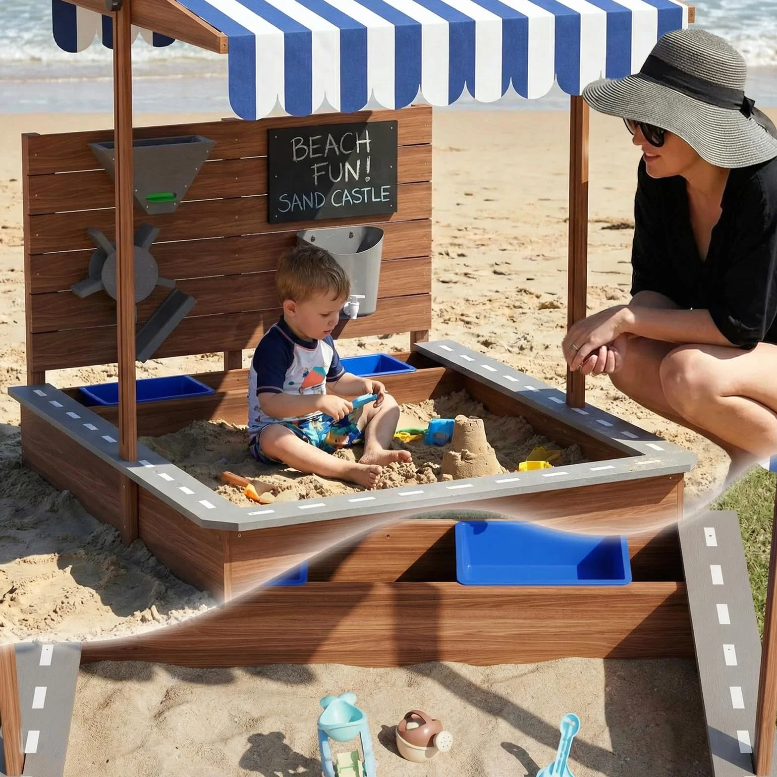 MAMIZO Drewniana piaskownica z Drewna, piaskownica dla dzieci z Tablica, kranem, 2 Basin, odpowiednia do ogrodu, plażę, balkon, Czarna Podstawa z Włókniny, Zabawka Plażowa, 100x111x105 cm