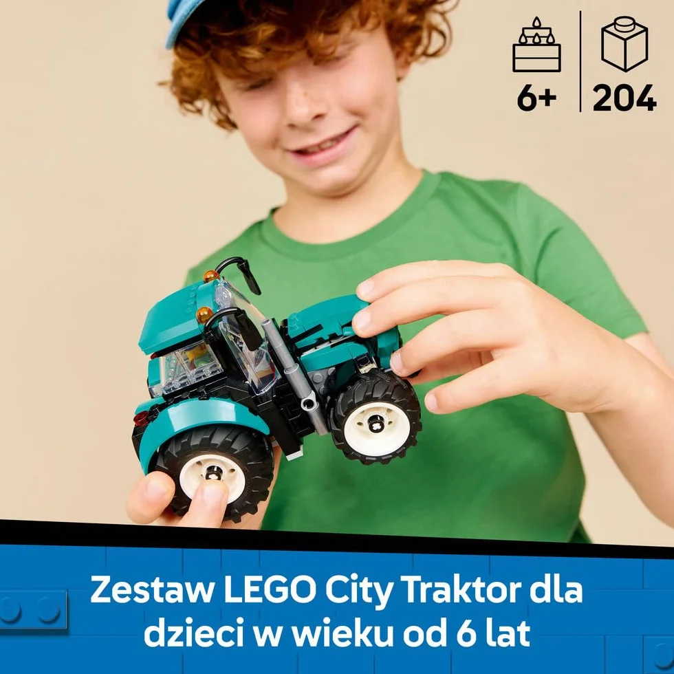 LEGO City Traktor, zabawka dla dzieci od 6 lat, ciągnik z gumowymi oponami i minifigurką rolnika, pomysł na prezent dla 6-latka, dla chłopca i dziewczynki na urodziny, ozdoba na biurko 60498