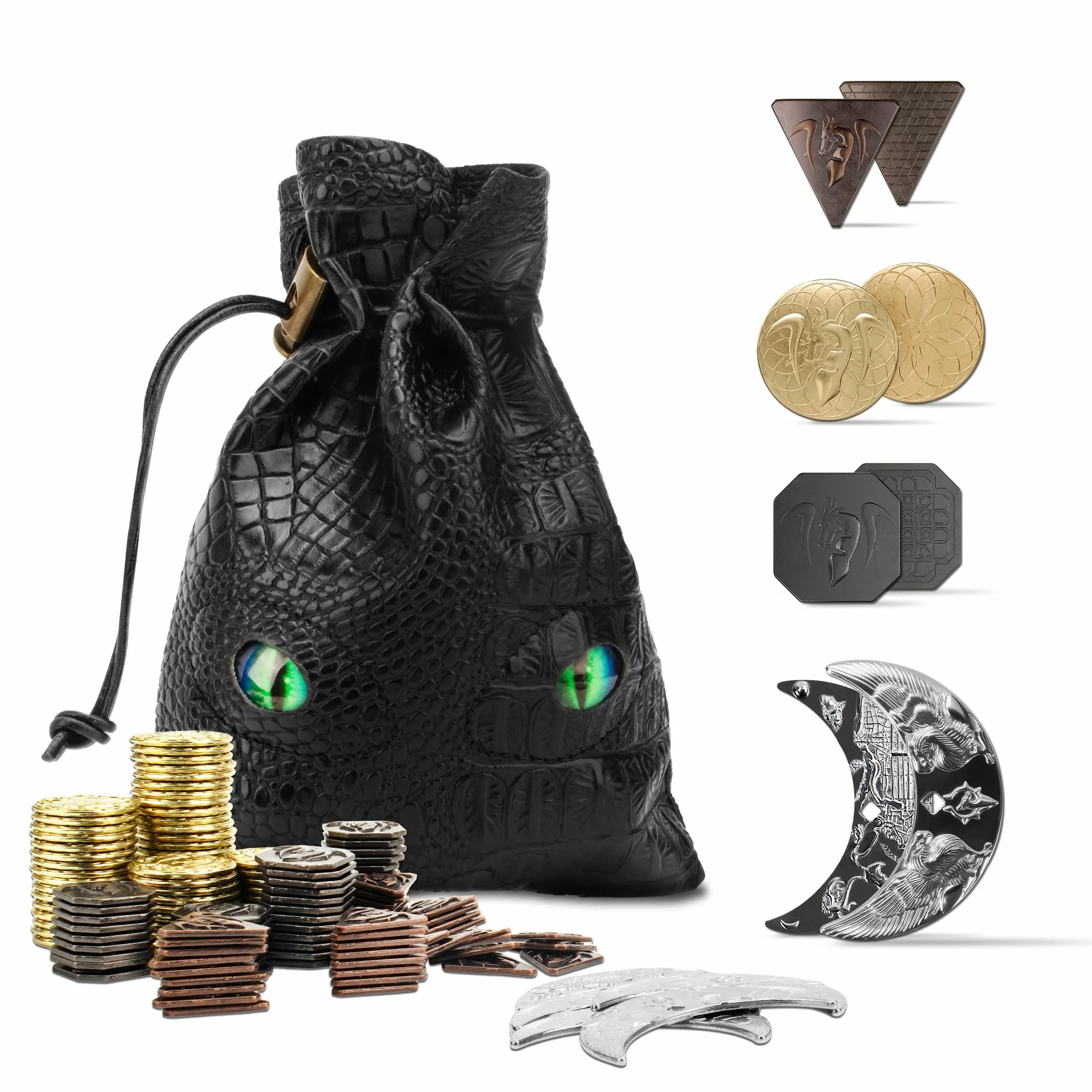Byhoo 145 sztuk DND Metal i skórzana torba, zawiera 60 złotych monet, 40 sztuk srebrnych, 40 sztuk miedzianych i 5 sztuk platynowych, żetonów do gier ze skórzaną torbą, która świeci w nocy
