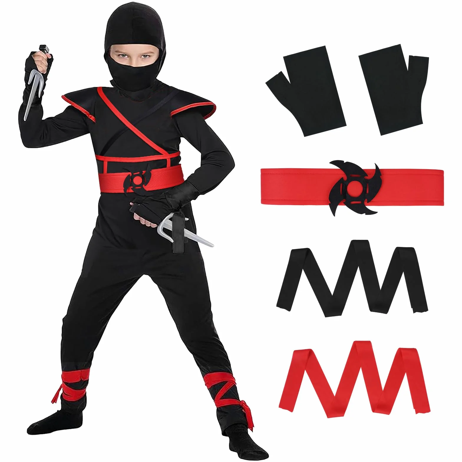 AOOWU Kostium ninja dla dzieci, kostium ninja, Deluxe, zestaw z pianką ninja, akcesoria, zabawki, kostium na Halloween, dla dziewcząt i chłopców