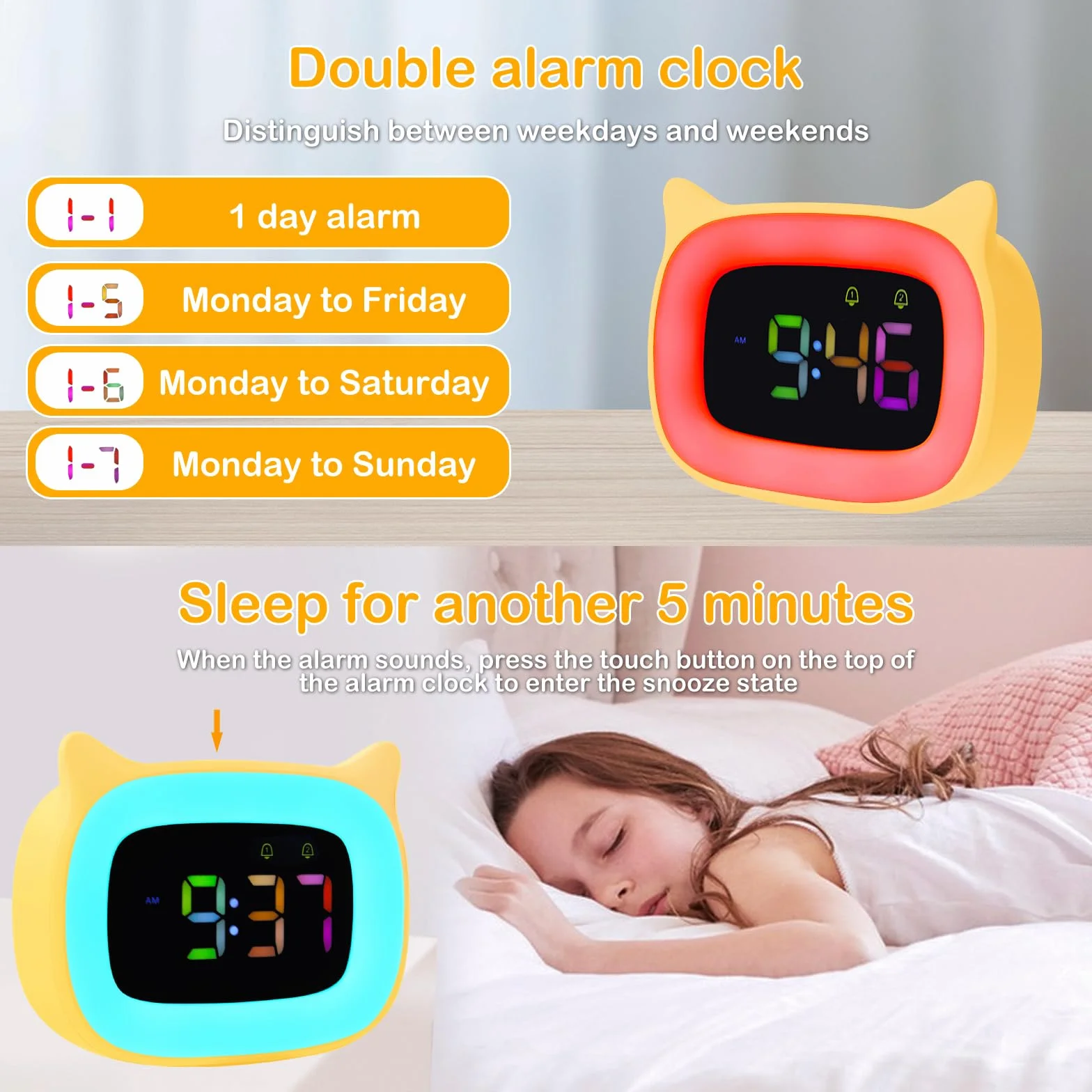Seutgjie Zegar cyfrowy dla dzieci, budzik dla dzieci z 8 kolorowymi lampkami nocnymi dla dziewcząt, chłopców, nastolatków, malucha, akumulator Powerd, 18 dzwonków, podwójne alarmy, tryby drzemki, 12
