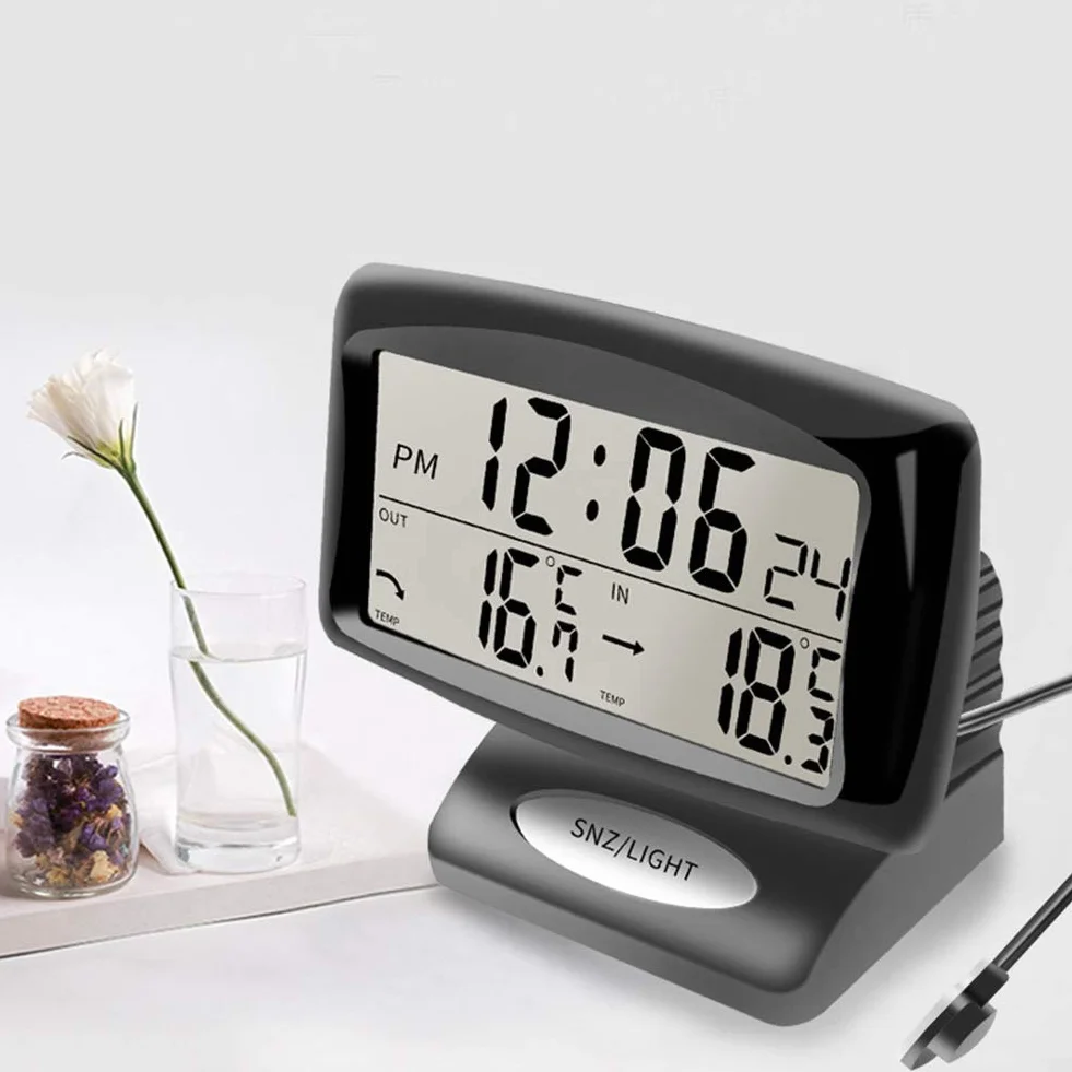Asudaro Cyfrowy zegarek samochodowy Cyfrowy budzik Zegar termometr LCD Wielofunkcyjny cyfrowy zegarek samochodowy Zegar na desce rozdzielczej Cyfrowy termometr do wewnątrz/na zewnątrz