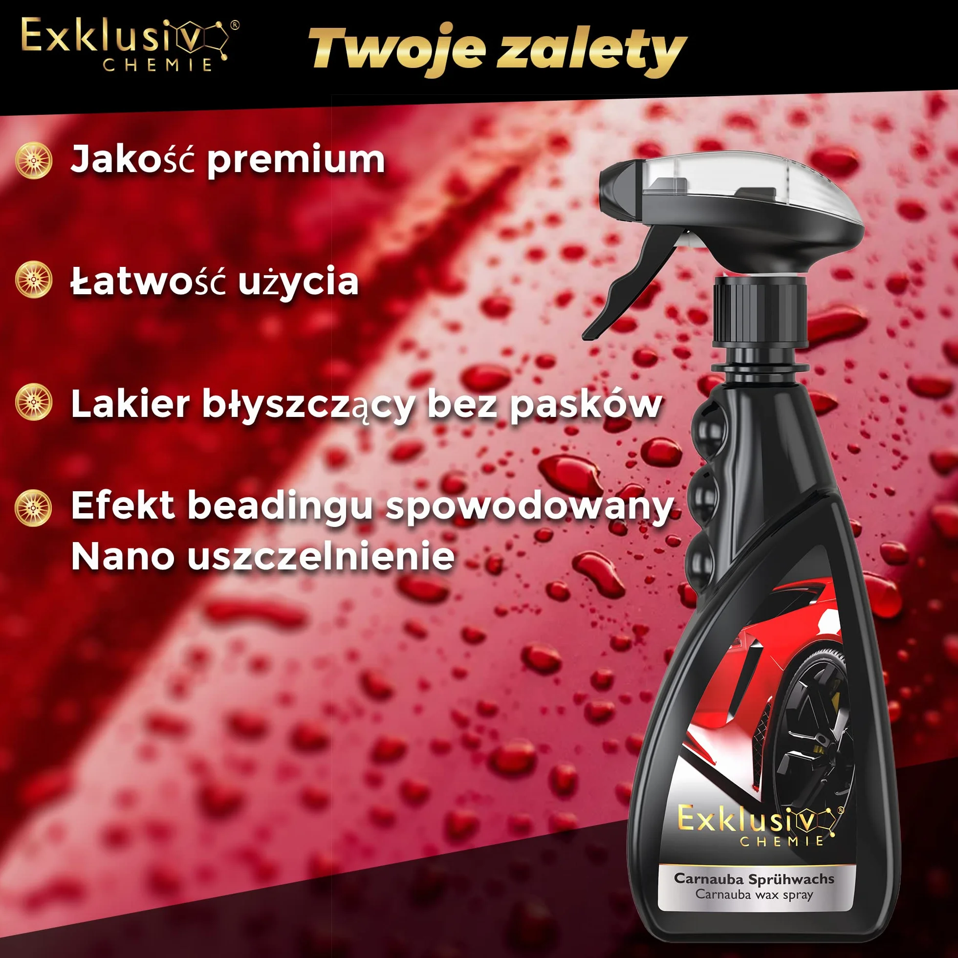 Exklusiv Chemie® Carnauba Wosk w sprayu, wosk w sprayu do samochodu, lakier samochodowy do połysku i ochrony, lakier na wysoki połysk, wosk samochodowy, uszczelka ceramiczna, 500 ml