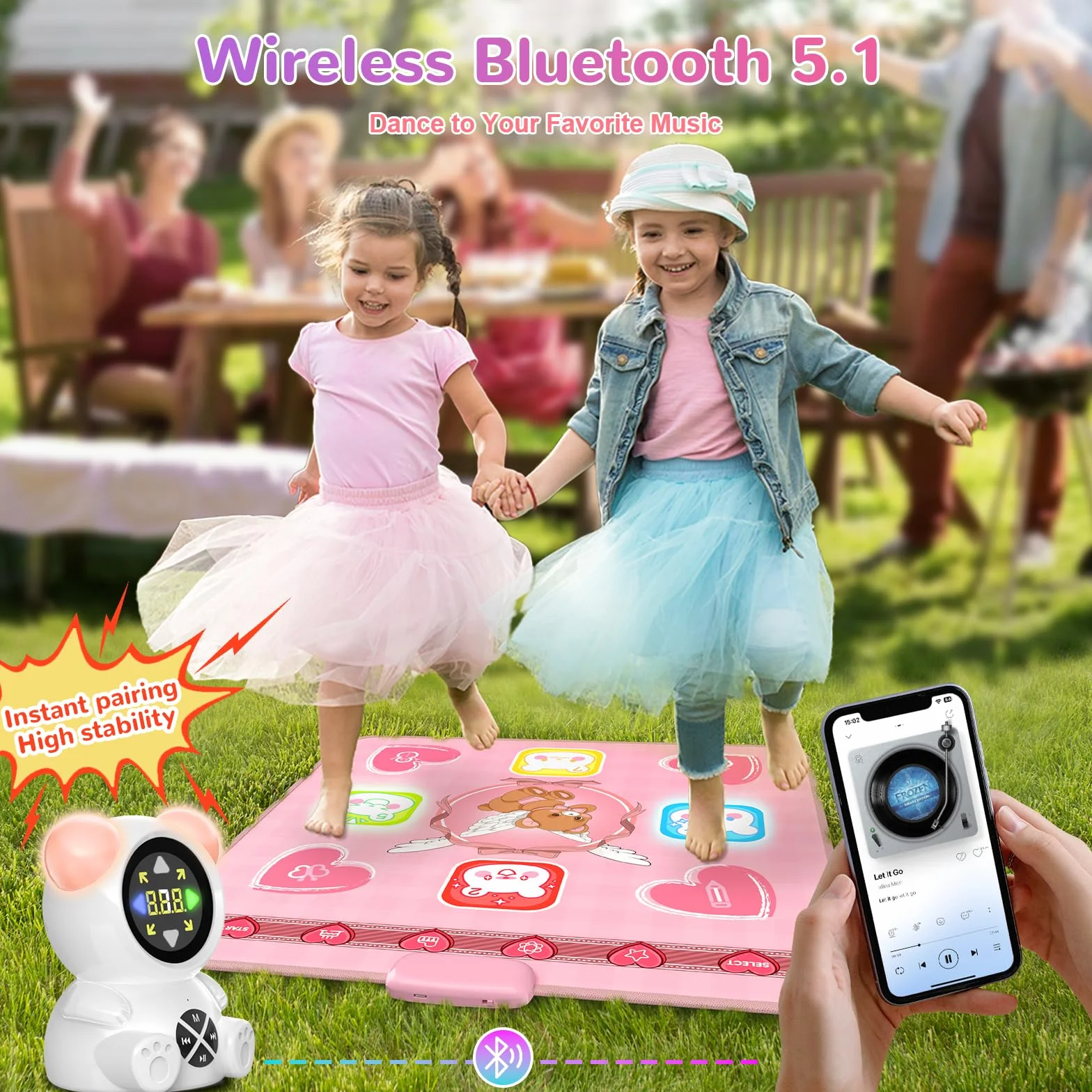 Akumulatorowa mata do tańca dla dziewczynek, podświetlana mata do tańca z bezprzewodowym Bluetooth, 5 trybami gry, regulowaną głośnością i światłami LED, prezent dla dzieci w wieku 3-12 lat (Różowa)