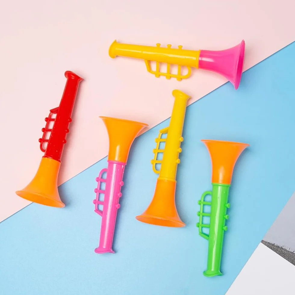 25 sztuk trąbki plastikowe trąbki zabawki dla dzieci puvuzela przenośna trąbka zabawka instrumenty muzyczne dla dzieci mini trąbka producenci hałasu, trąbka dla dzieci, kolorowa, 10 x 3,8 cm