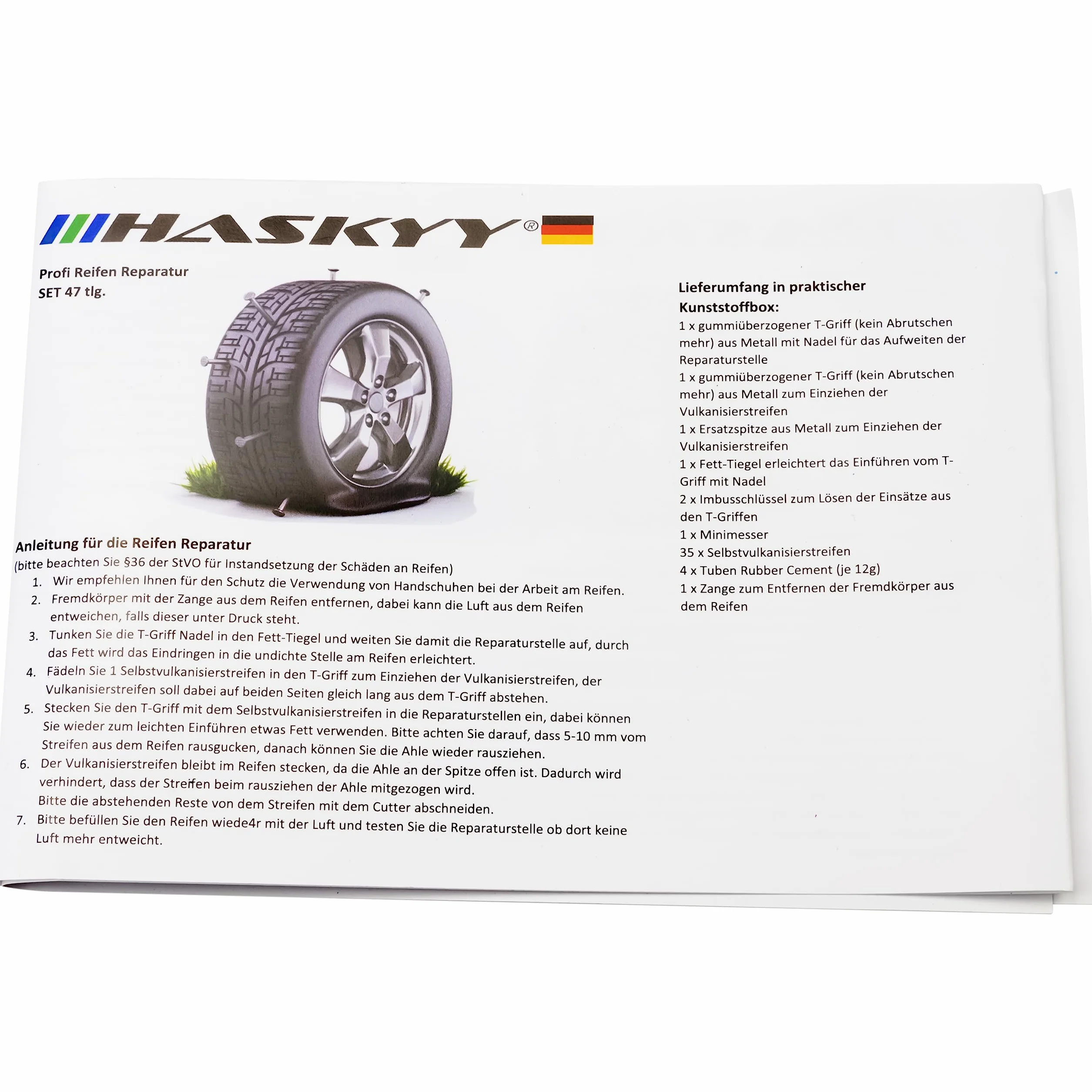 47-częściowy zestaw do naprawy opon do samochodów osobowych, ciężarowych, motocykli, quadów, quadów, UTV, traktorów, kosiarek, przyczep, ciężarówek, jeepów, SUV-ów, instrukcja w 7 językach