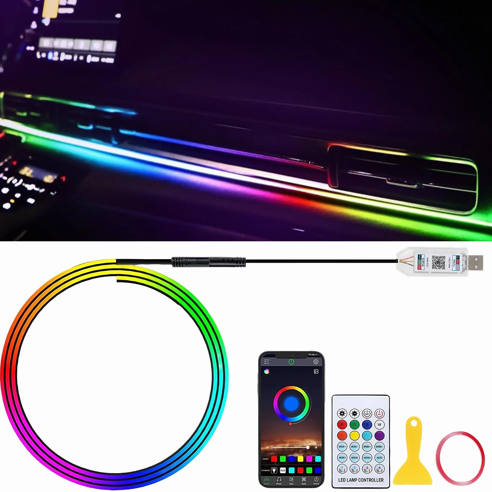 Akrylowe oświetlenie wewnętrzne LED, nastrojowe oświetlenie samochodowe, 168 diod LED, 110 cm, 6 milionów kolorów i 210 dynamicznych, USB, nastrojowe oświetlenie do samochodu