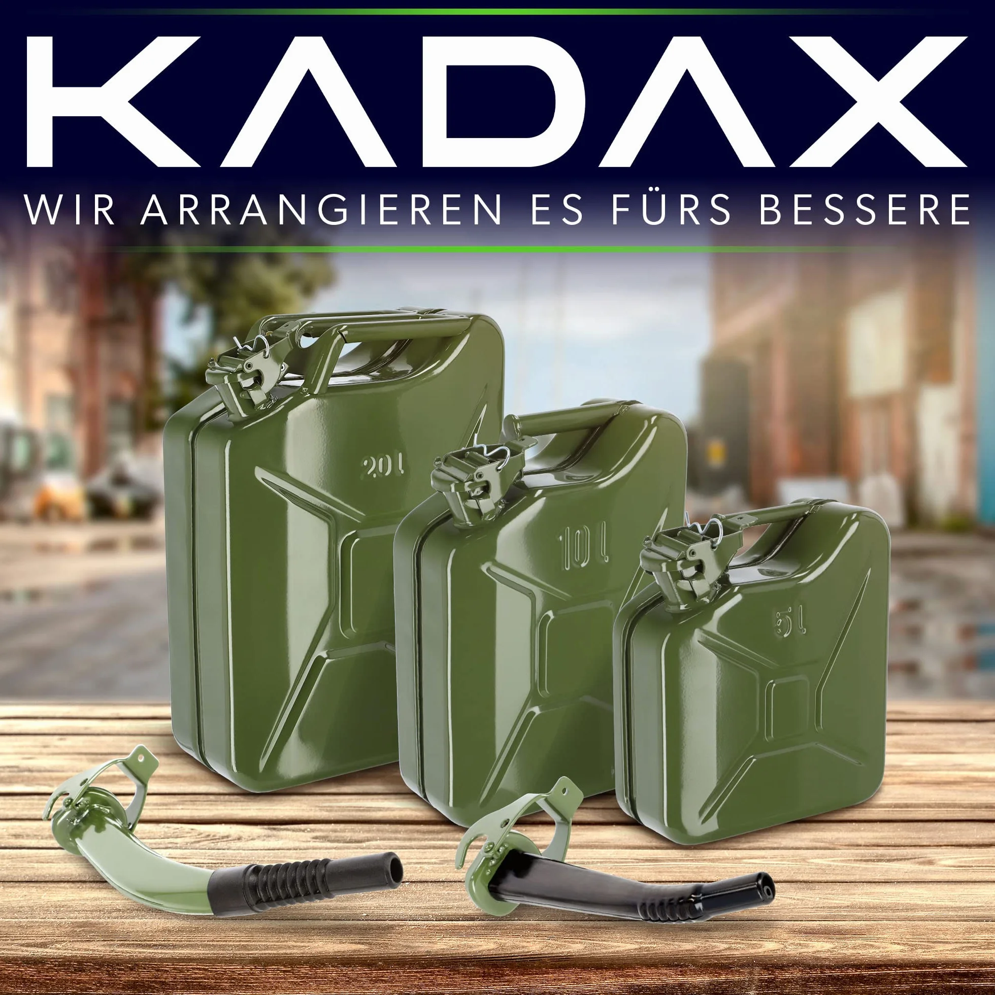 KADAX Kanister na paliwo 20 l, stal 0,8 mm, potrójny uchwyt, zielony