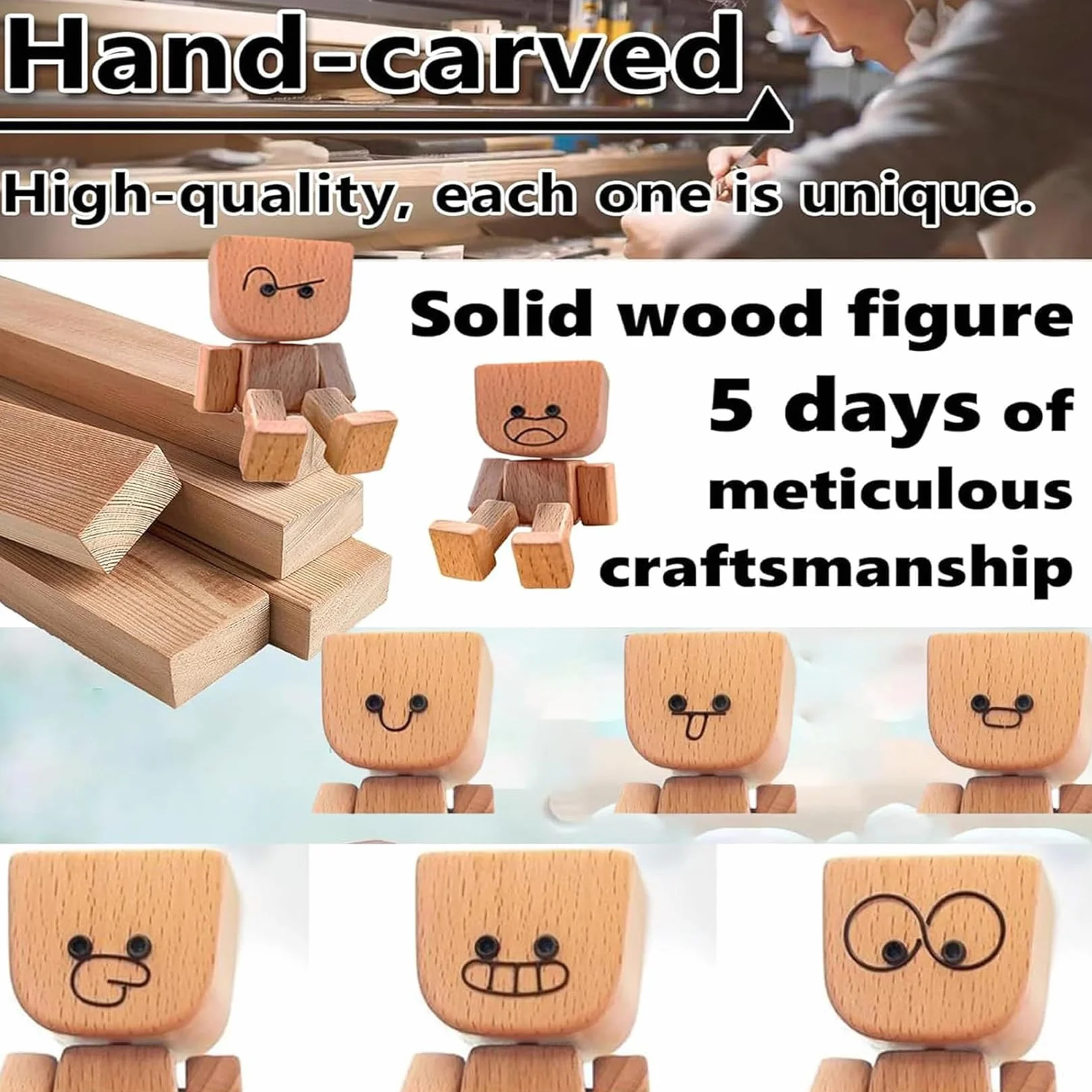Shaking Wooden Man figurka z 12 wymiennymi wyrażeniami na desce rozdzielczej, dekoracja samochodu, akcesoria do wnętrza samochodu