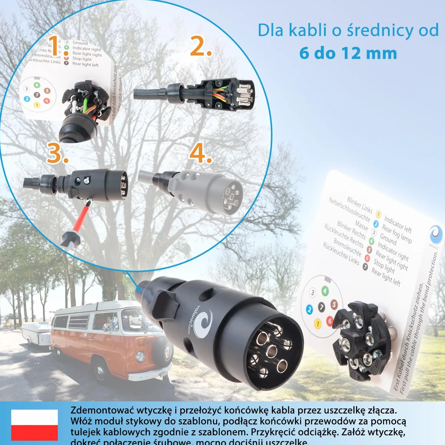 Valonic Wtyczka 7-pinowa do Przyczepy Czarna z Szablonem Przewodów